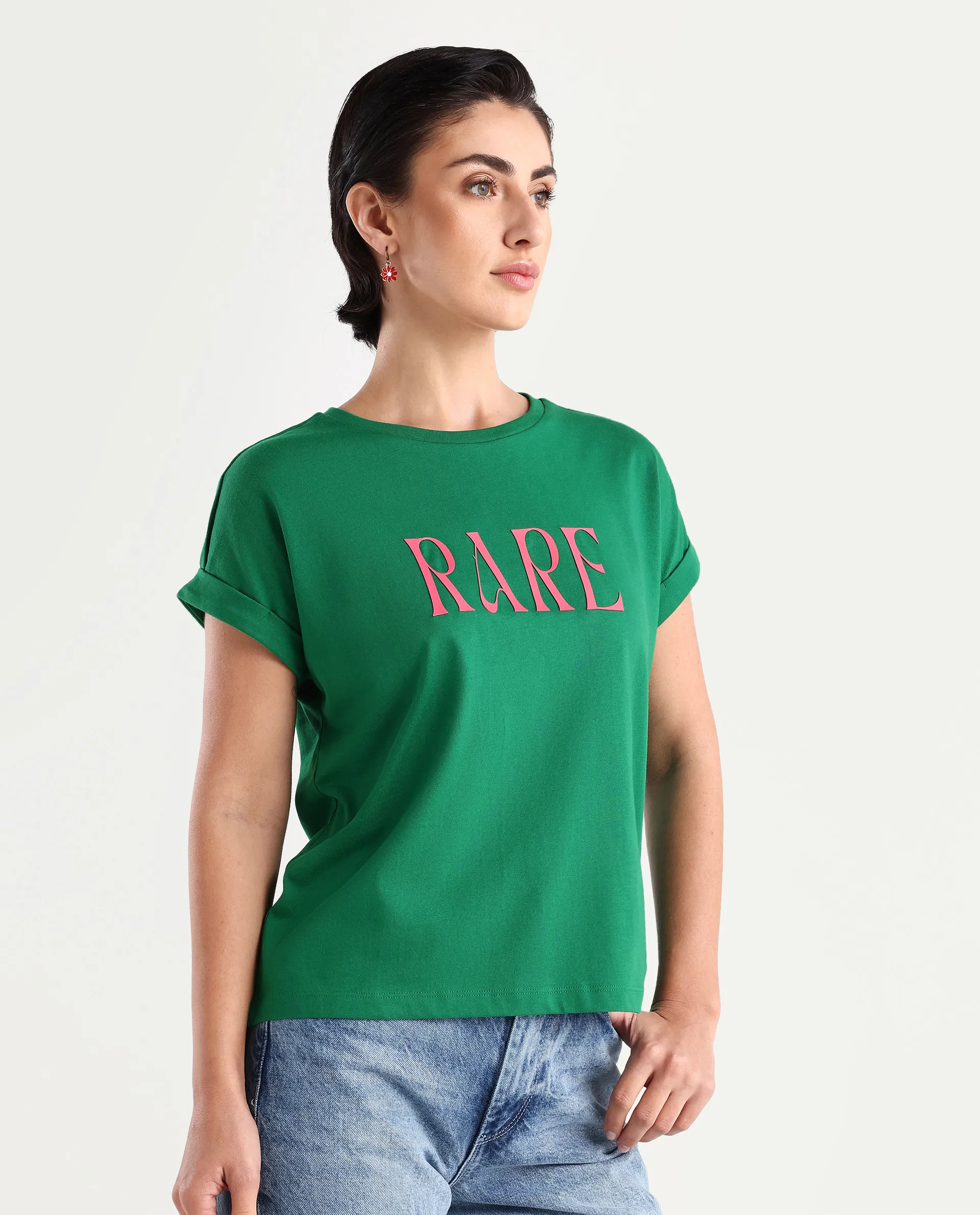 Rareism Women's Bhars Green Viscose Blend Crew Neck Typography Print Extended Sleeves Regular Fit T-Shirt - Image 6