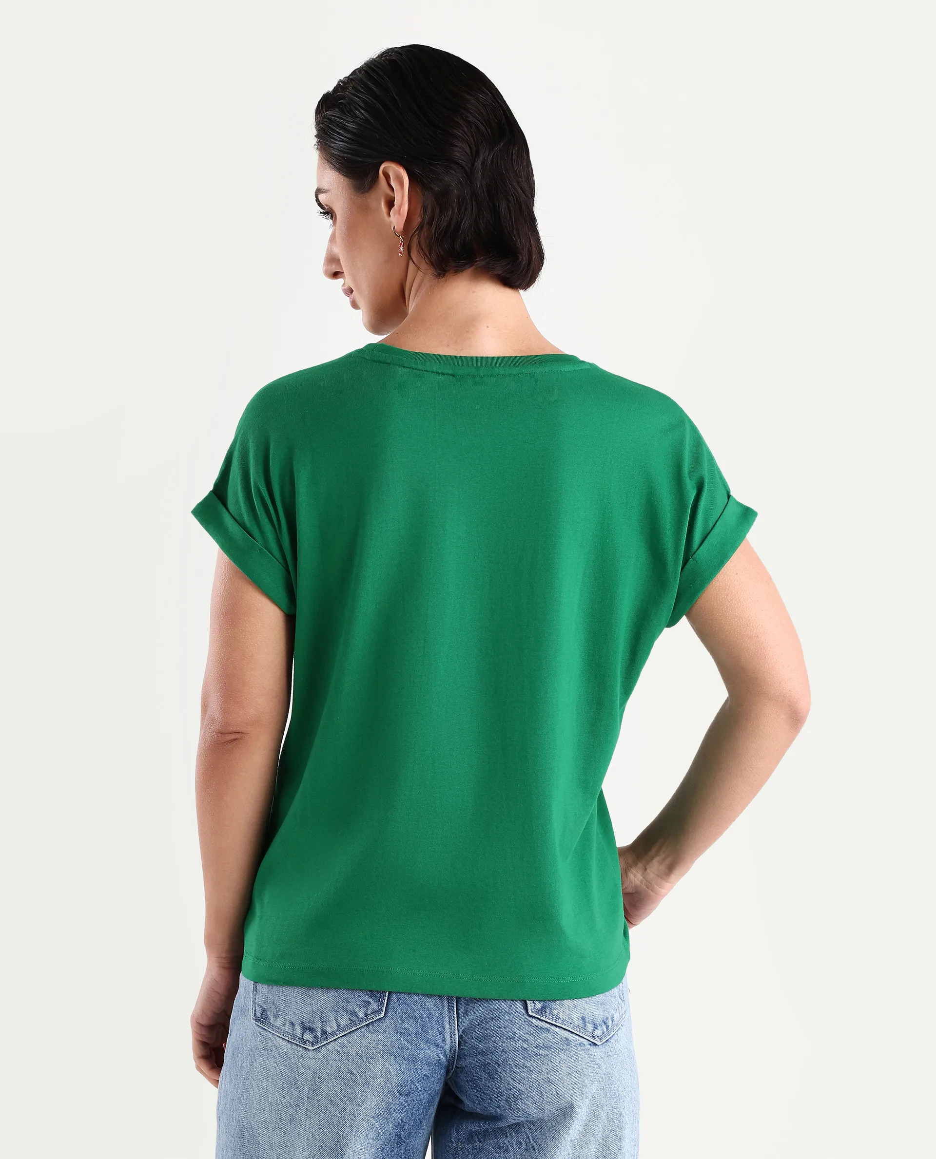 Rareism Women's Bhars Green Viscose Blend Crew Neck Typography Print Extended Sleeves Regular Fit T-Shirt - Image 7