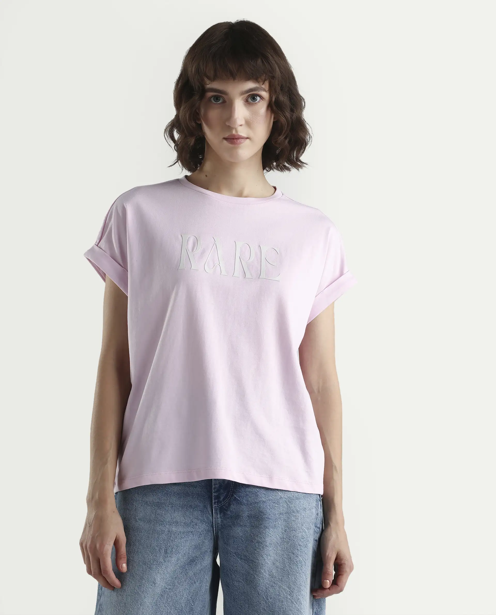 Rareism Women's Bhars Light Pink Cotton Half Sleeve Regular Fit Printed T-Shirt - Image 3