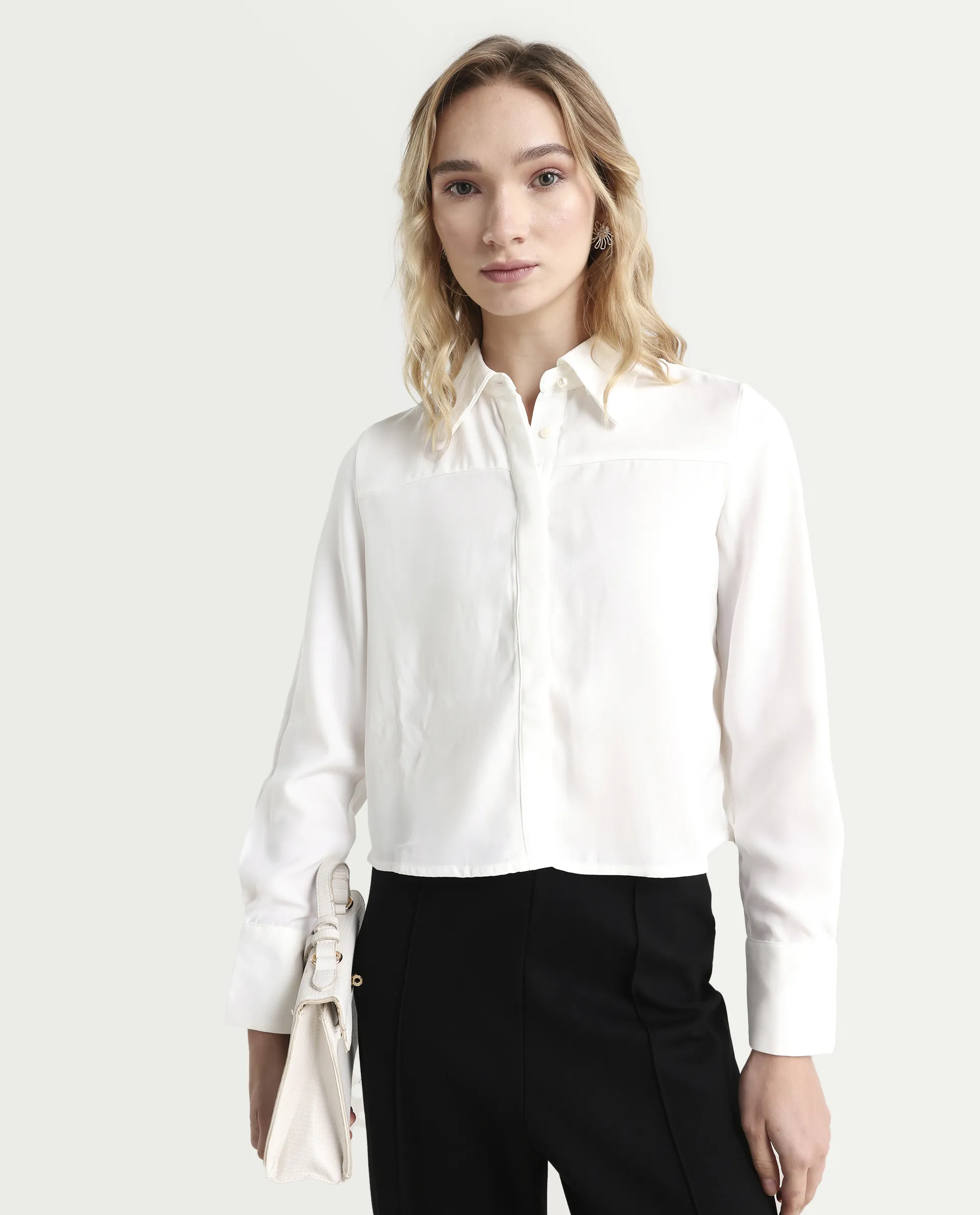 Rareism Women's Bharvik White Viscose Blend Spread Collar Plain Cuffed Sleeve Crop Relaxed Fit Shirt
