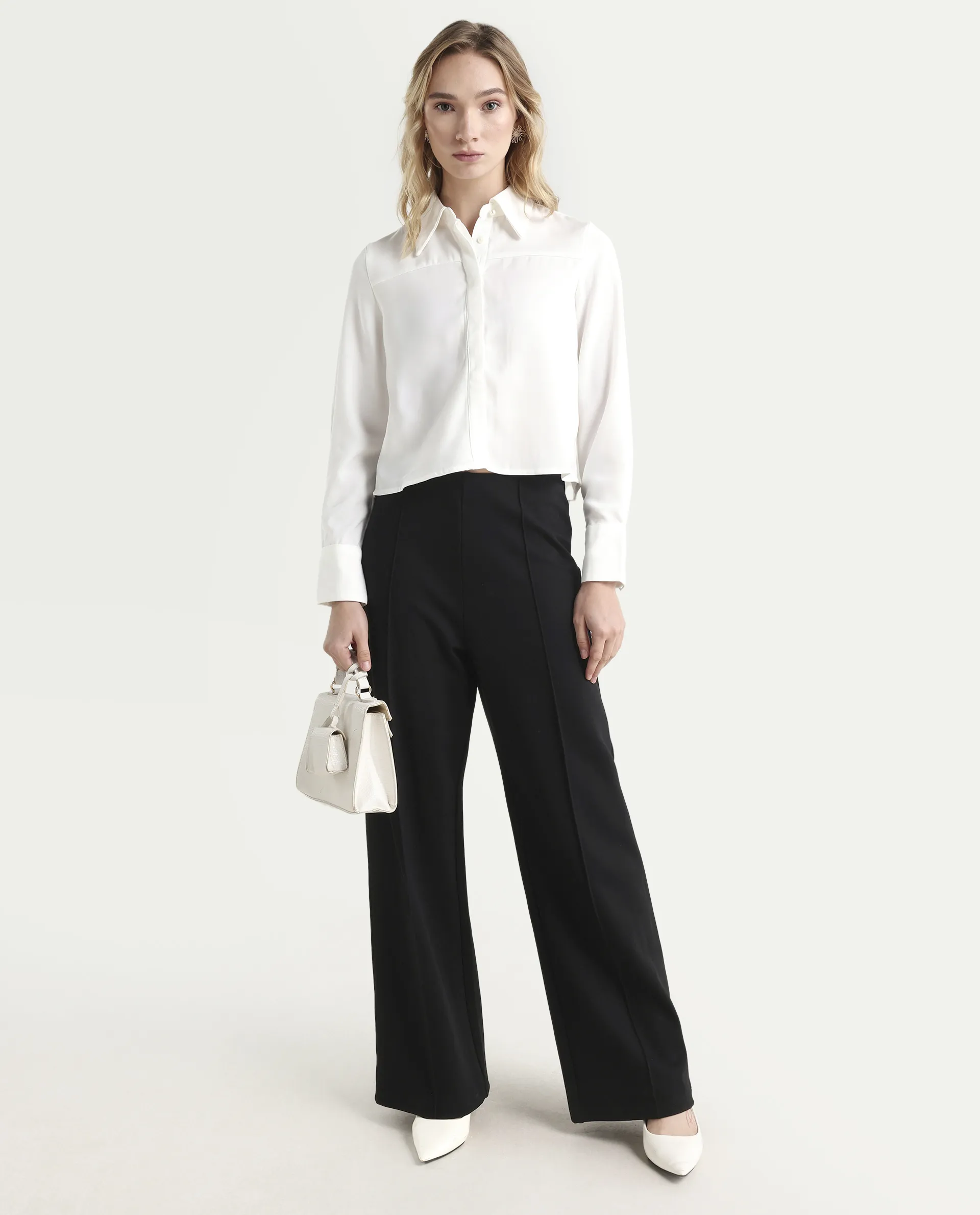 Rareism Women's Bharvik White Viscose Blend Spread Collar Plain Cuffed Sleeve Crop Relaxed Fit Shirt - Image 2