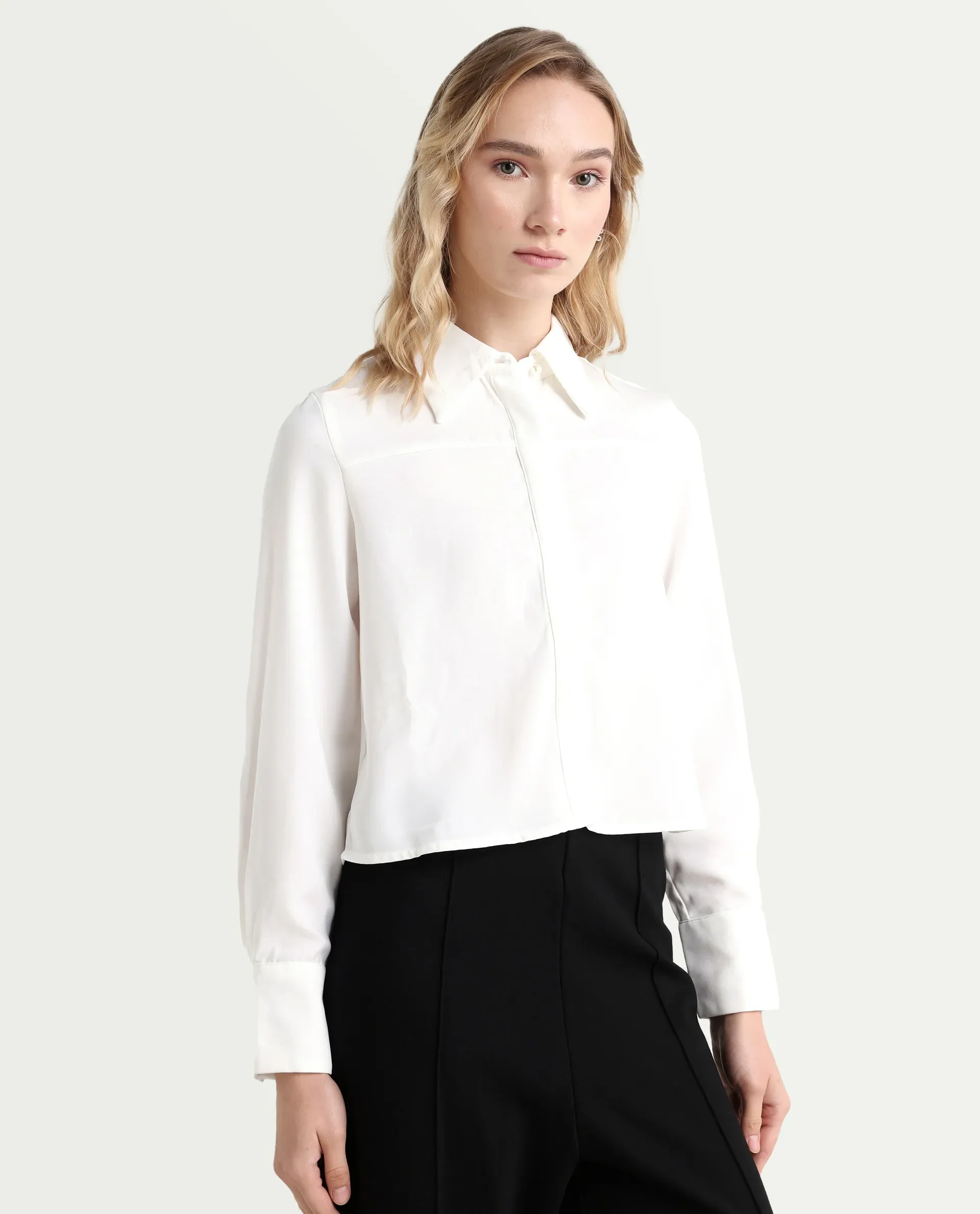Rareism Women's Bharvik White Viscose Blend Spread Collar Plain Cuffed Sleeve Crop Relaxed Fit Shirt - Image 6