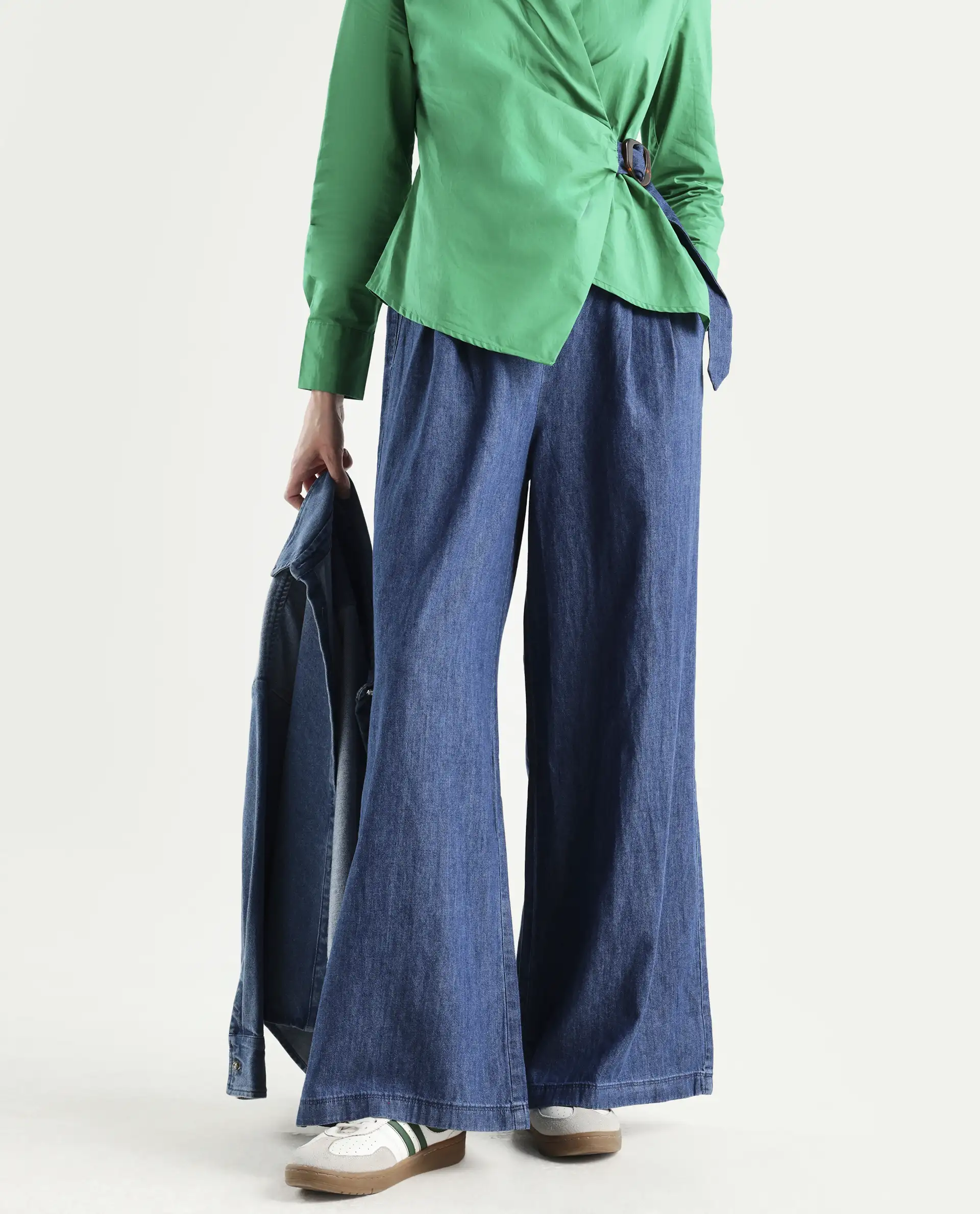 Rareism Women's Bhashio B Dark Blue Polyester Plain Ankle Length Flared Trouser - Image 3