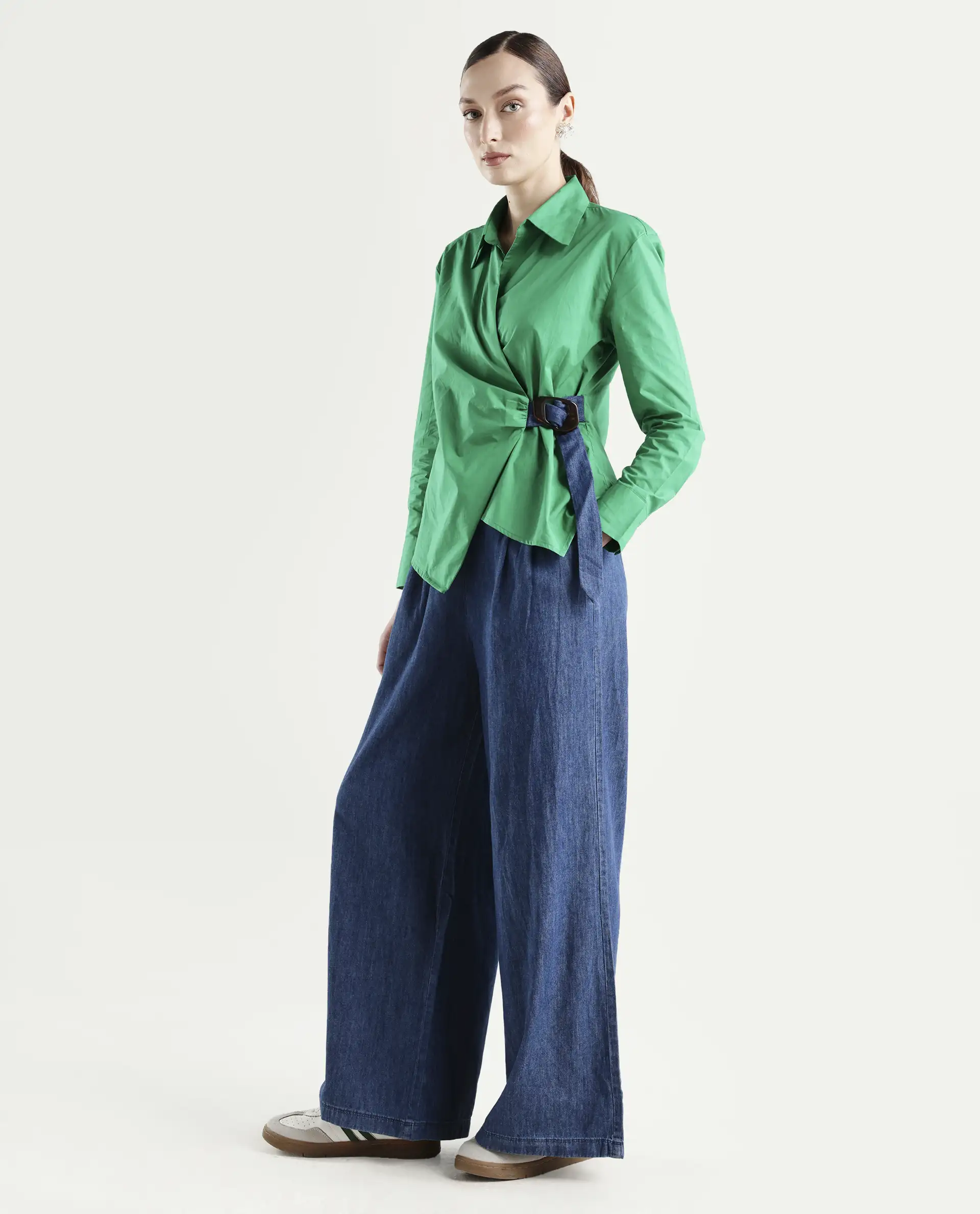 Rareism Women's Bhashio B Dark Blue Polyester Plain Ankle Length Flared Trouser - Image 5
