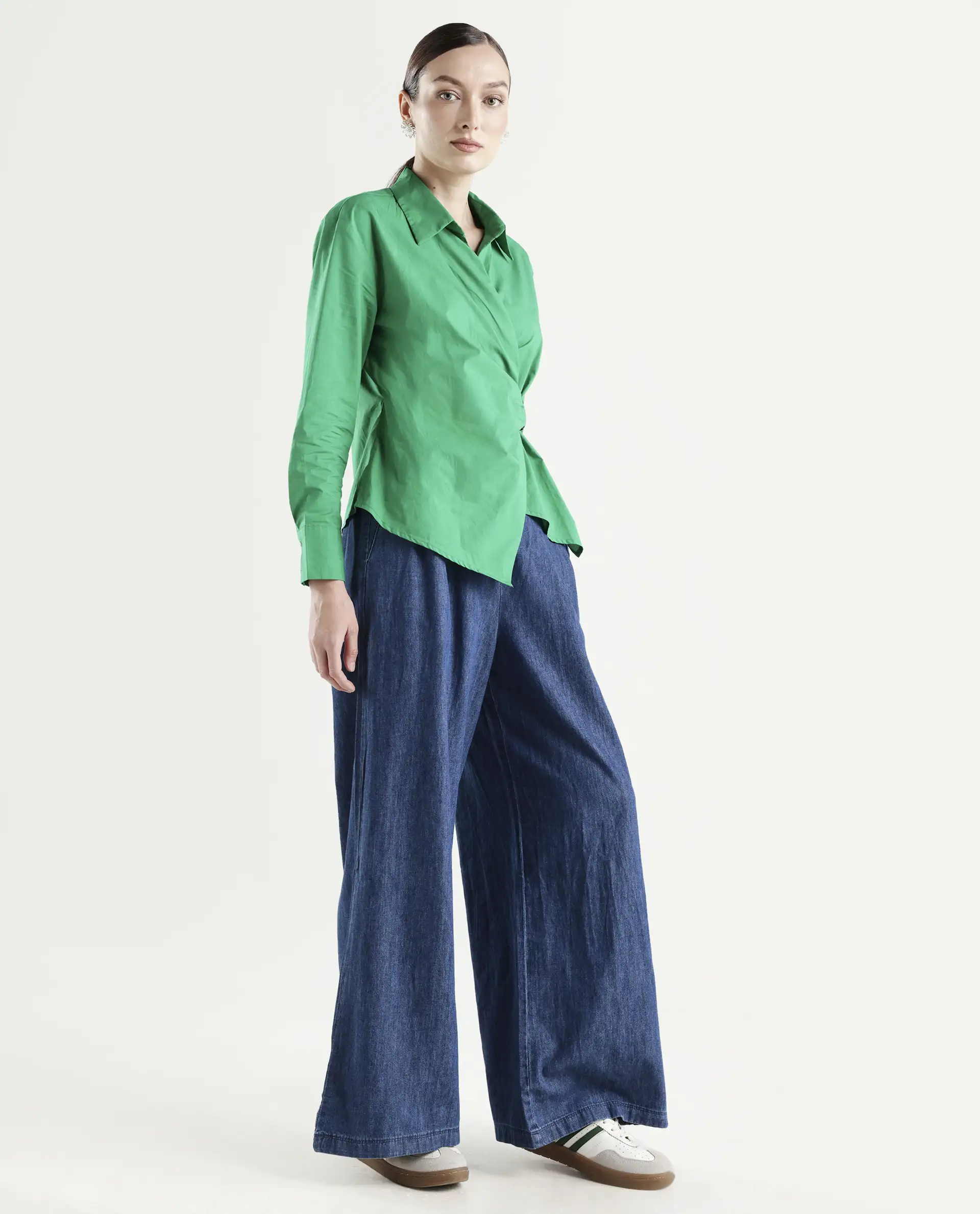 Rareism Women's Bhashio B Dark Blue Polyester Plain Ankle Length Flared Trouser - Image 6