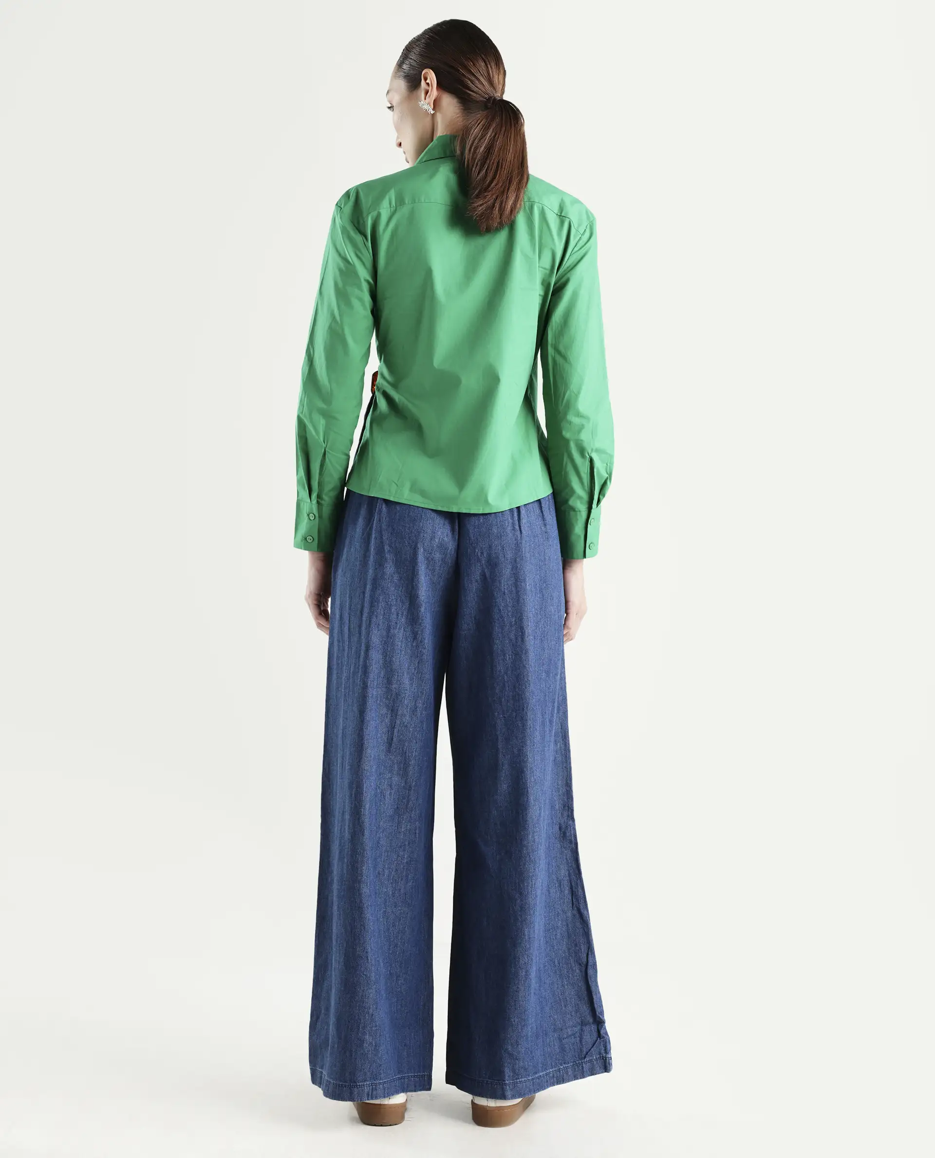 Rareism Women's Bhashio B Dark Blue Polyester Plain Ankle Length Flared Trouser - Image 7