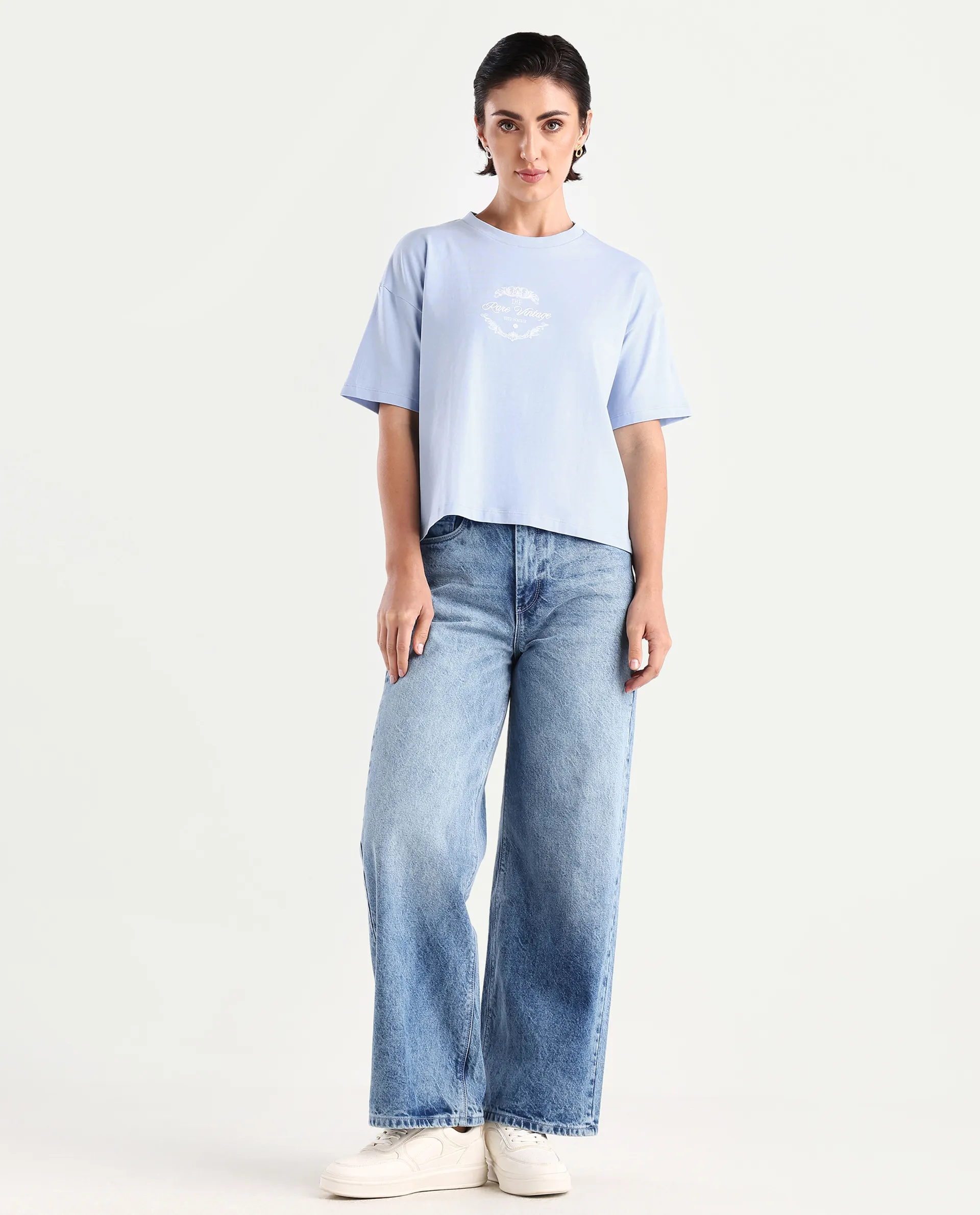 Rareism Women's Bhasi Light Blue Cotton Blend Crew Neck Graphic Print Boxy Fit T-Shirt - Image 2