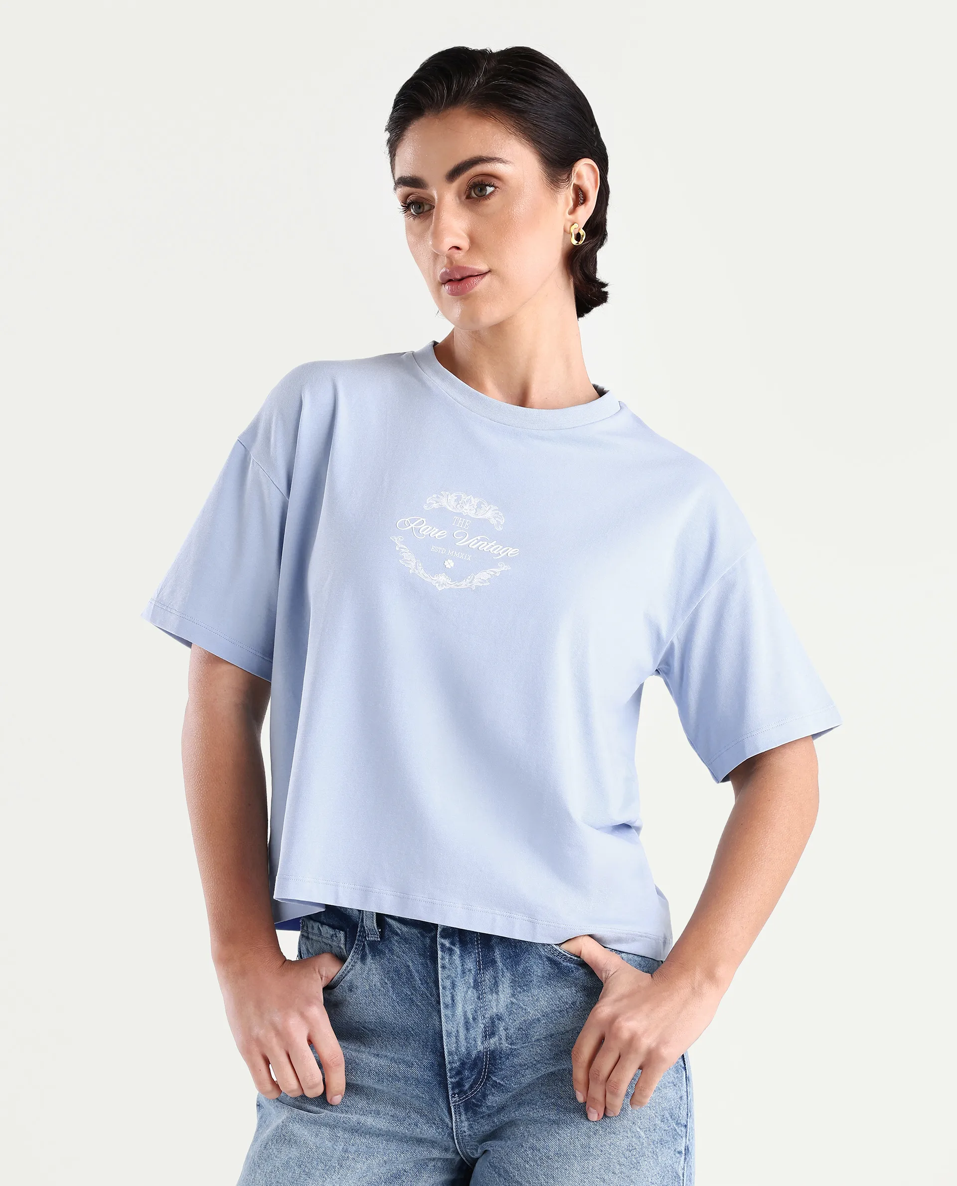Rareism Women's Bhasi Light Blue Cotton Blend Crew Neck Graphic Print Boxy Fit T-Shirt - Image 3