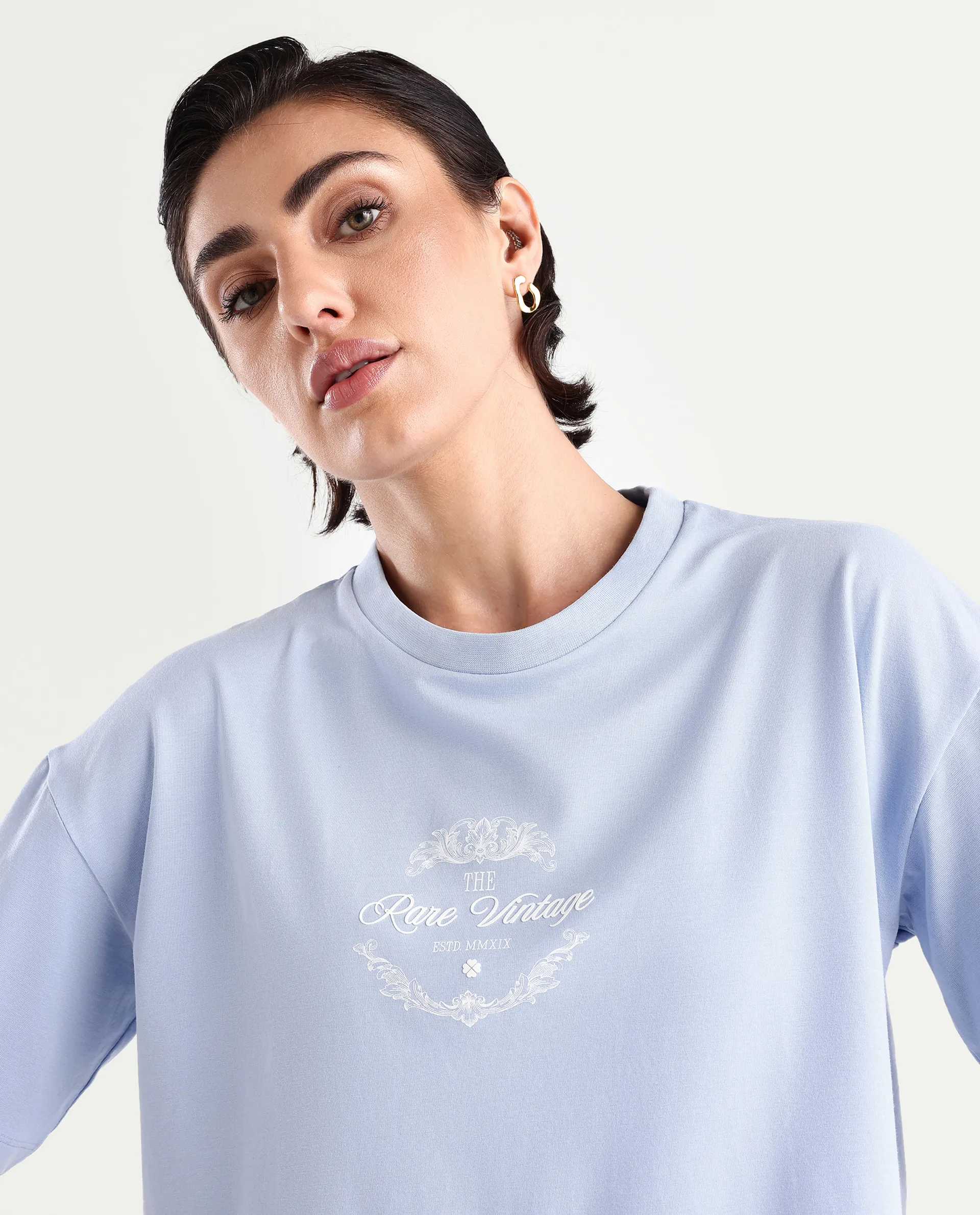 Rareism Women's Bhasi Light Blue Cotton Blend Crew Neck Graphic Print Boxy Fit T-Shirt - Image 4