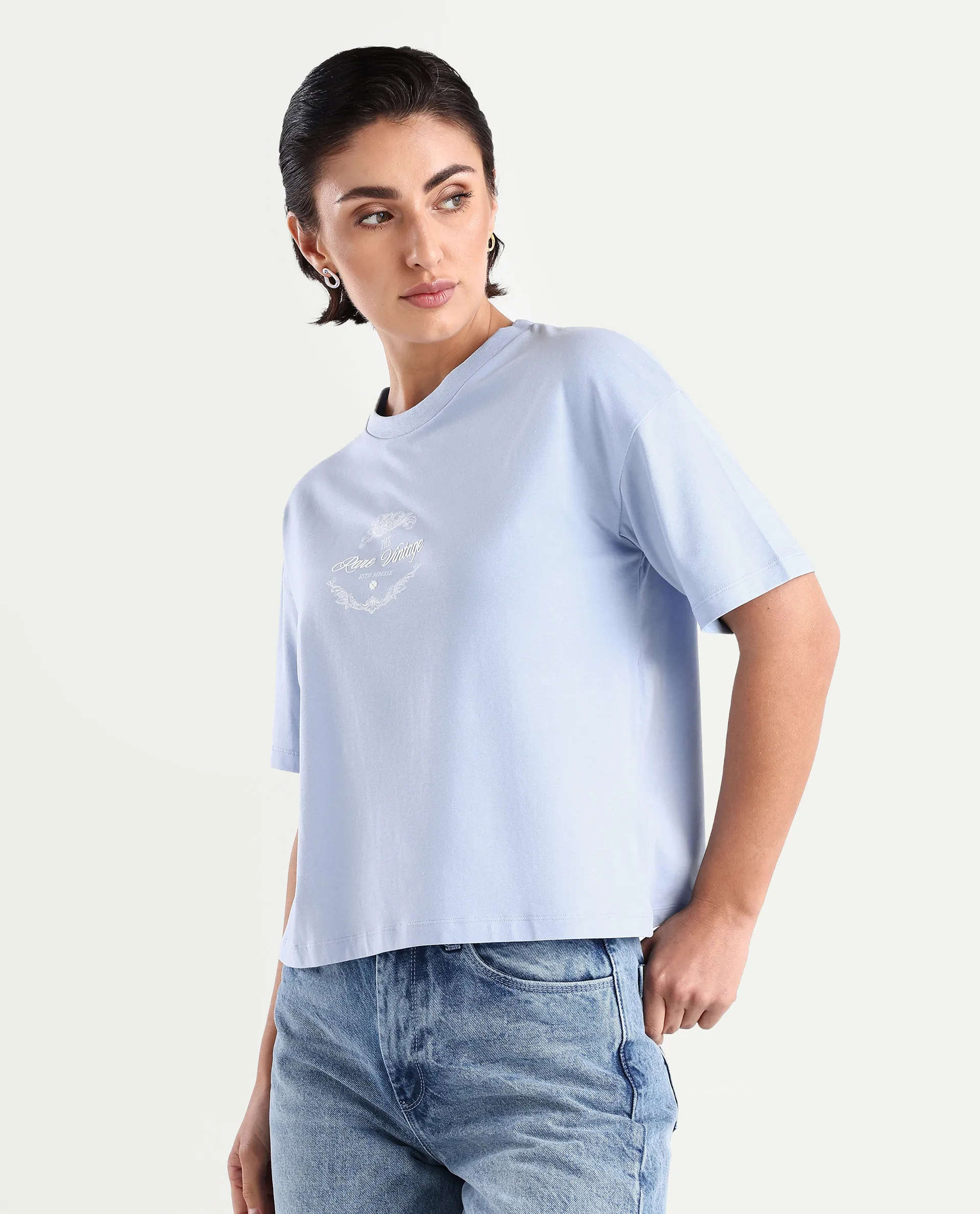 Rareism Women's Bhasi Light Blue Cotton Blend Crew Neck Graphic Print Boxy Fit T-Shirt - Image 5