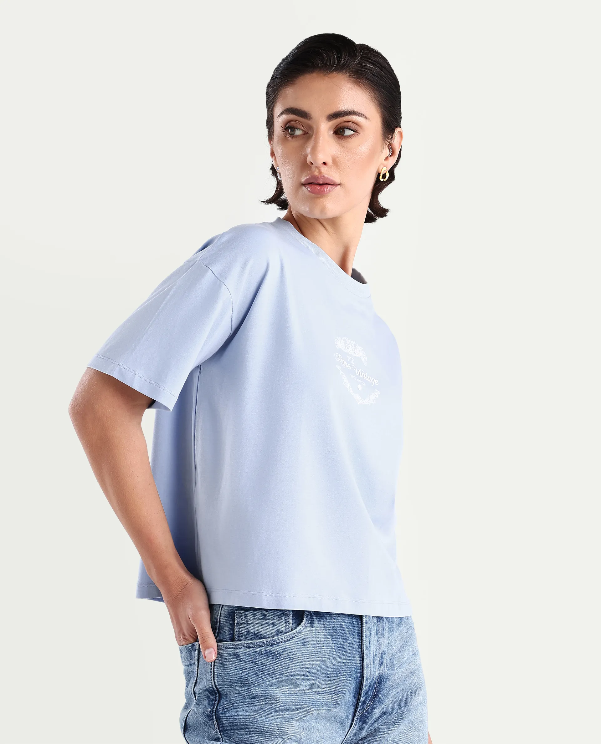 Rareism Women's Bhasi Light Blue Cotton Blend Crew Neck Graphic Print Boxy Fit T-Shirt - Image 6