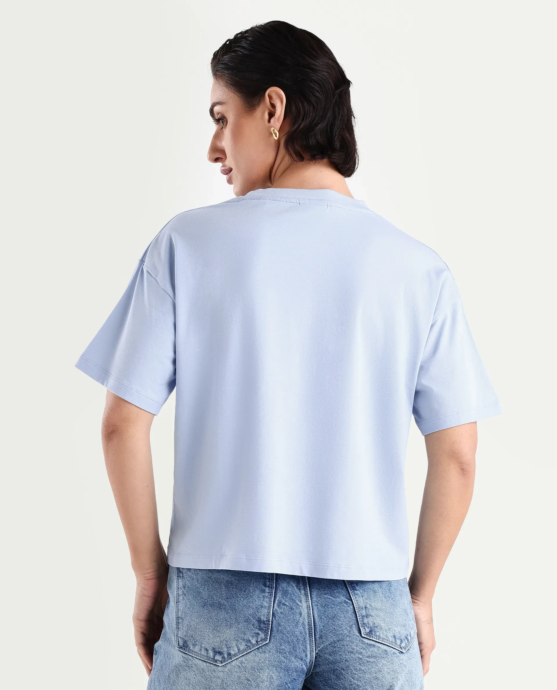 Rareism Women's Bhasi Light Blue Cotton Blend Crew Neck Graphic Print Boxy Fit T-Shirt - Image 7