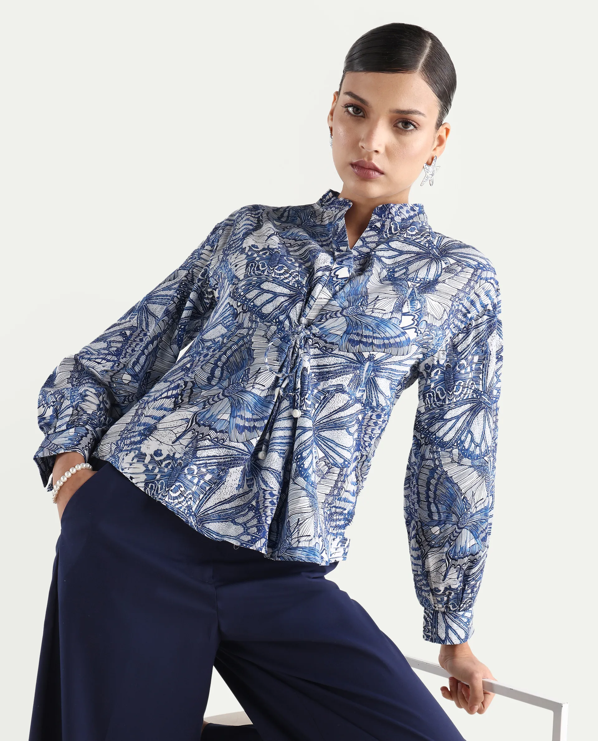 Rareism Women's Bhasny Blue Cotton Blend Mandarin Collar Abstract Print Puff Sleeves Regular Fit Top