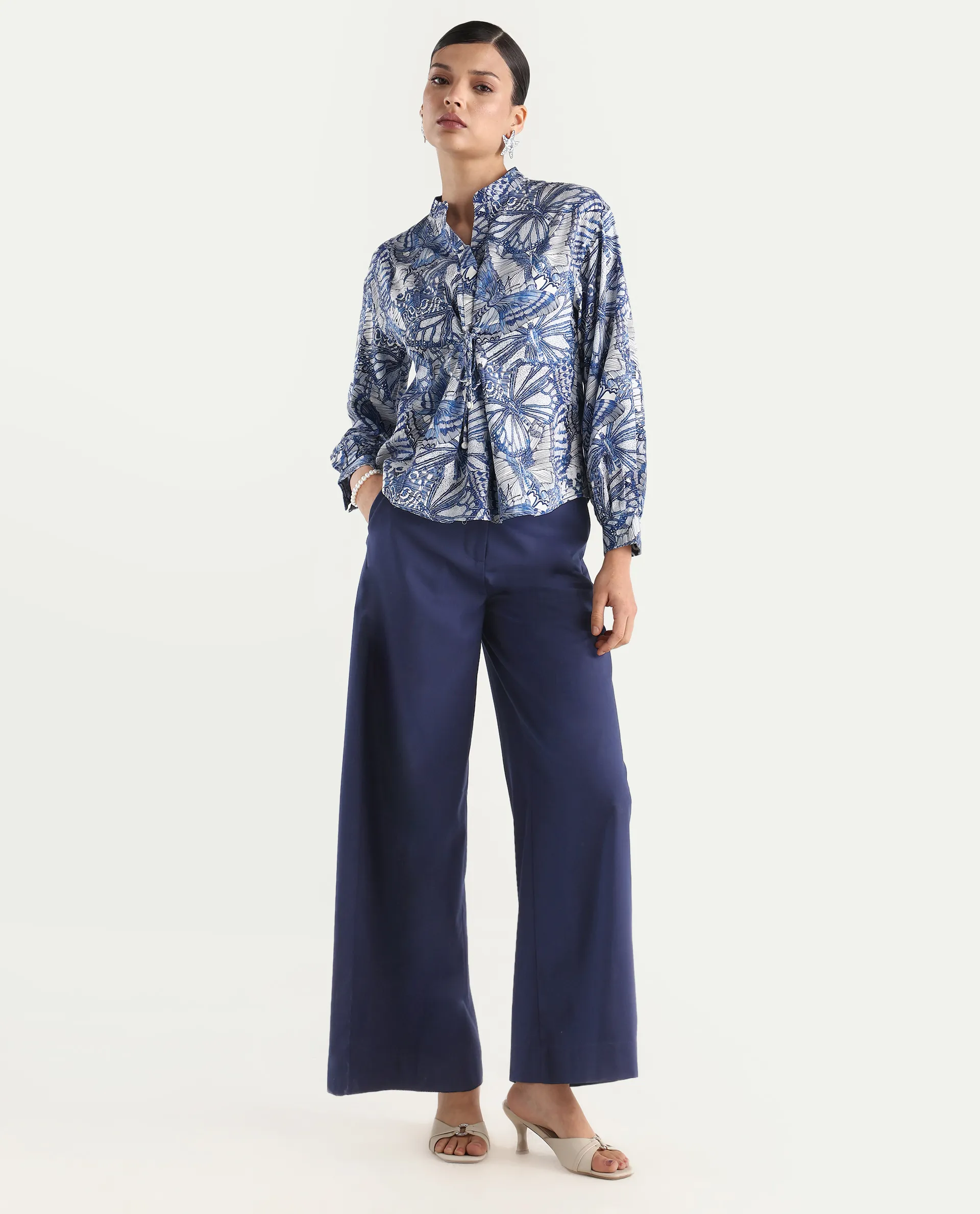 Rareism Women's Bhasny Blue Cotton Blend Mandarin Collar Abstract Print Puff Sleeves Regular Fit Top - Image 2