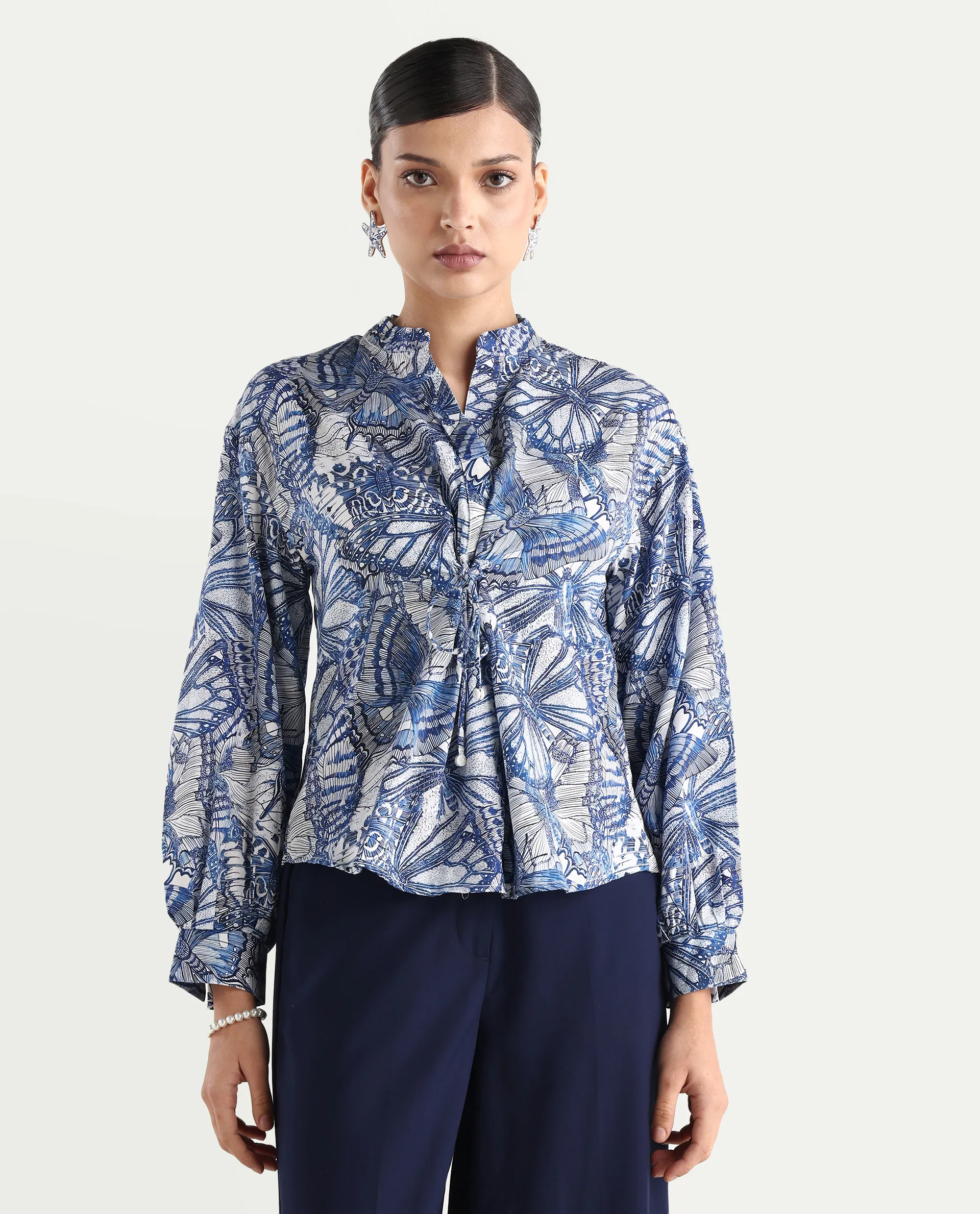 Rareism Women's Bhasny Blue Cotton Blend Mandarin Collar Abstract Print Puff Sleeves Regular Fit Top - Image 3