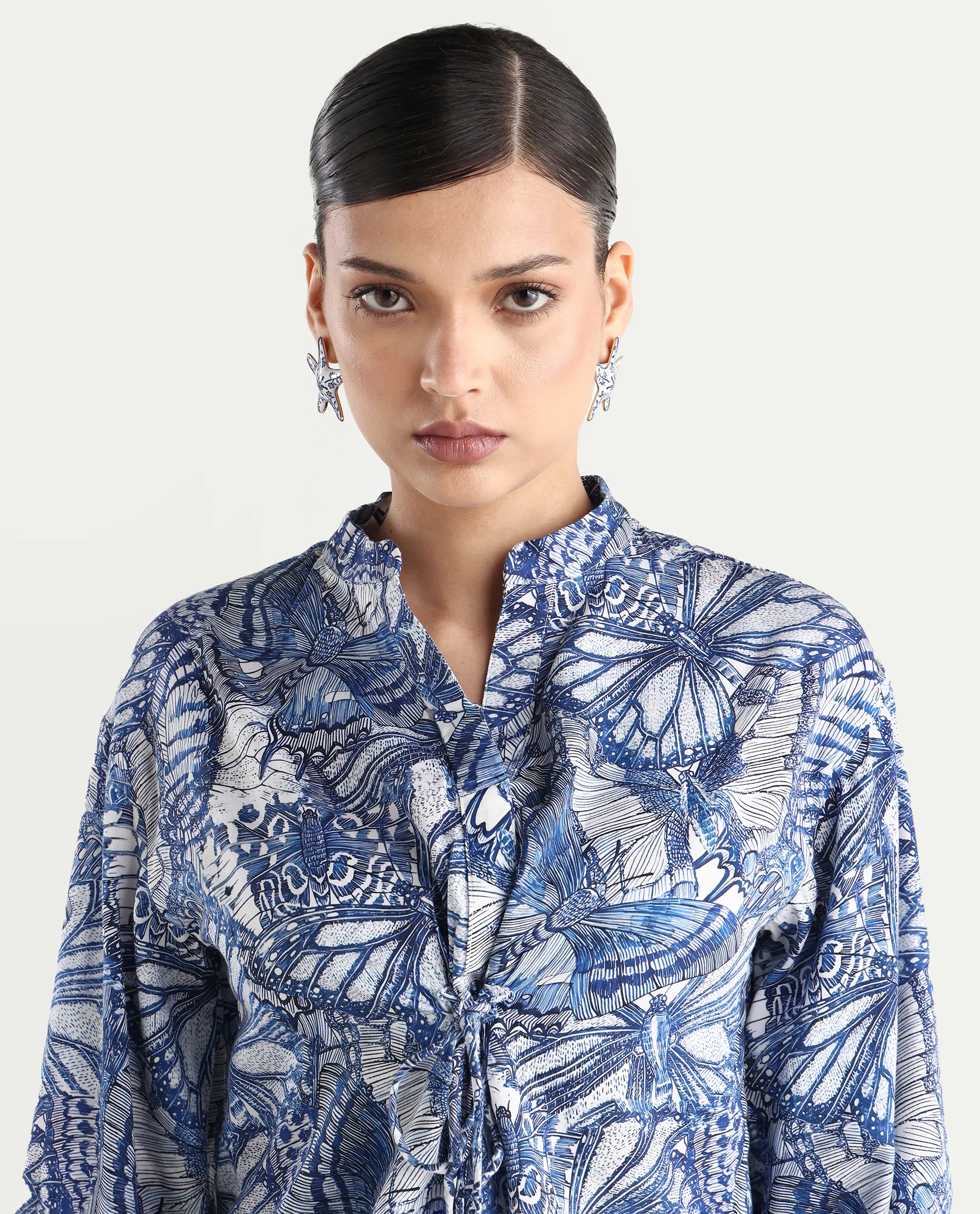 Rareism Women's Bhasny Blue Cotton Blend Mandarin Collar Abstract Print Puff Sleeves Regular Fit Top - Image 4