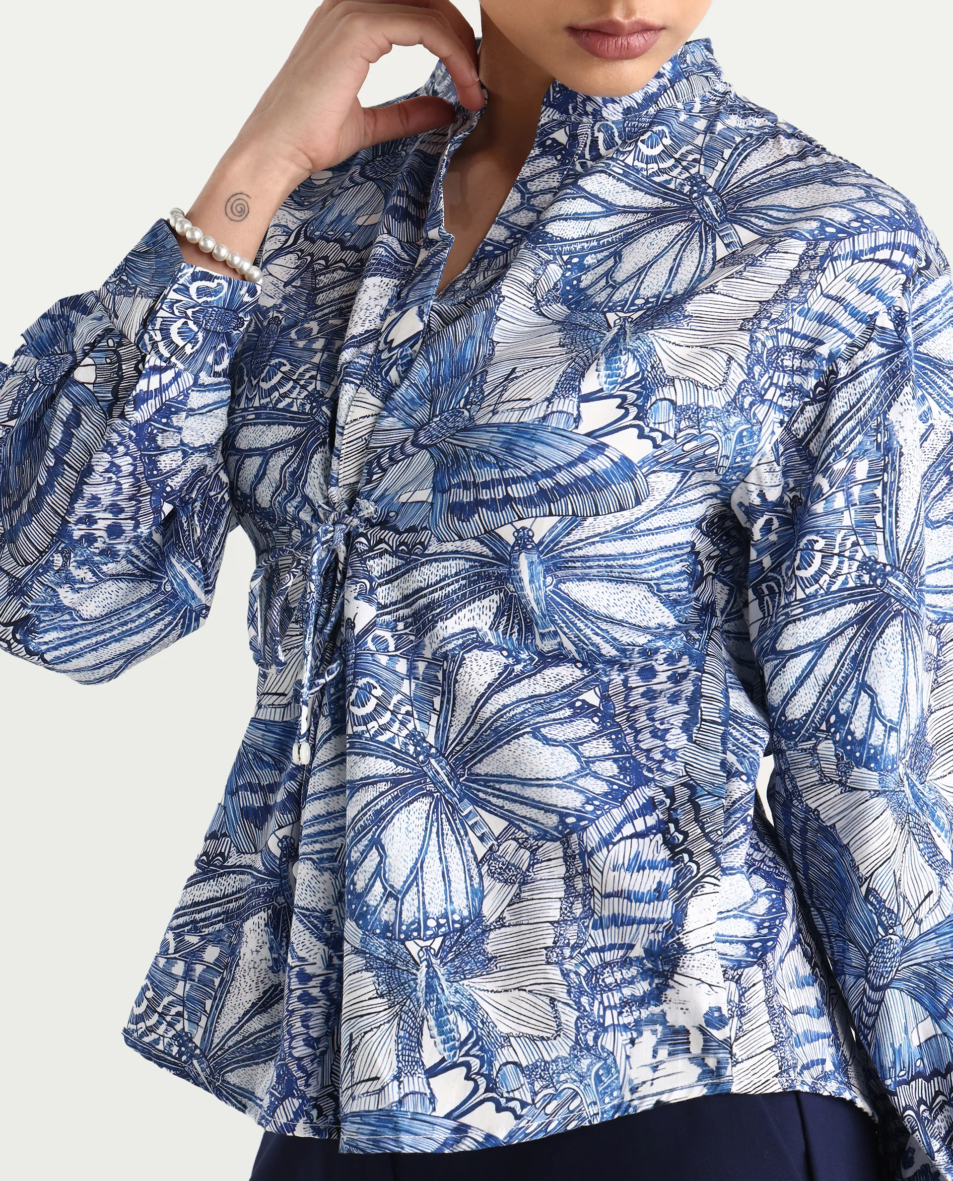 Rareism Women's Bhasny Blue Cotton Blend Mandarin Collar Abstract Print Puff Sleeves Regular Fit Top - Image 5