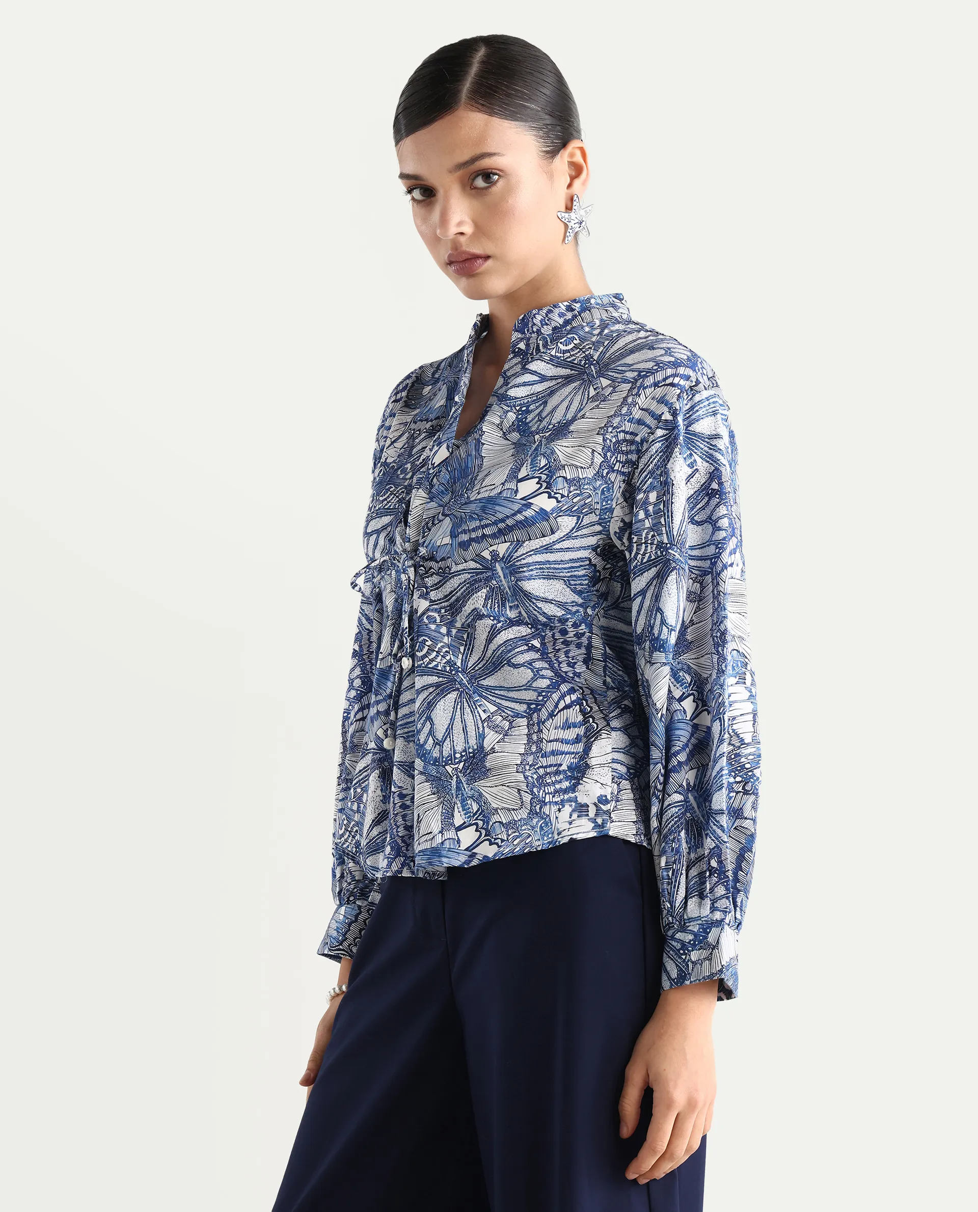 Rareism Women's Bhasny Blue Cotton Blend Mandarin Collar Abstract Print Puff Sleeves Regular Fit Top - Image 6