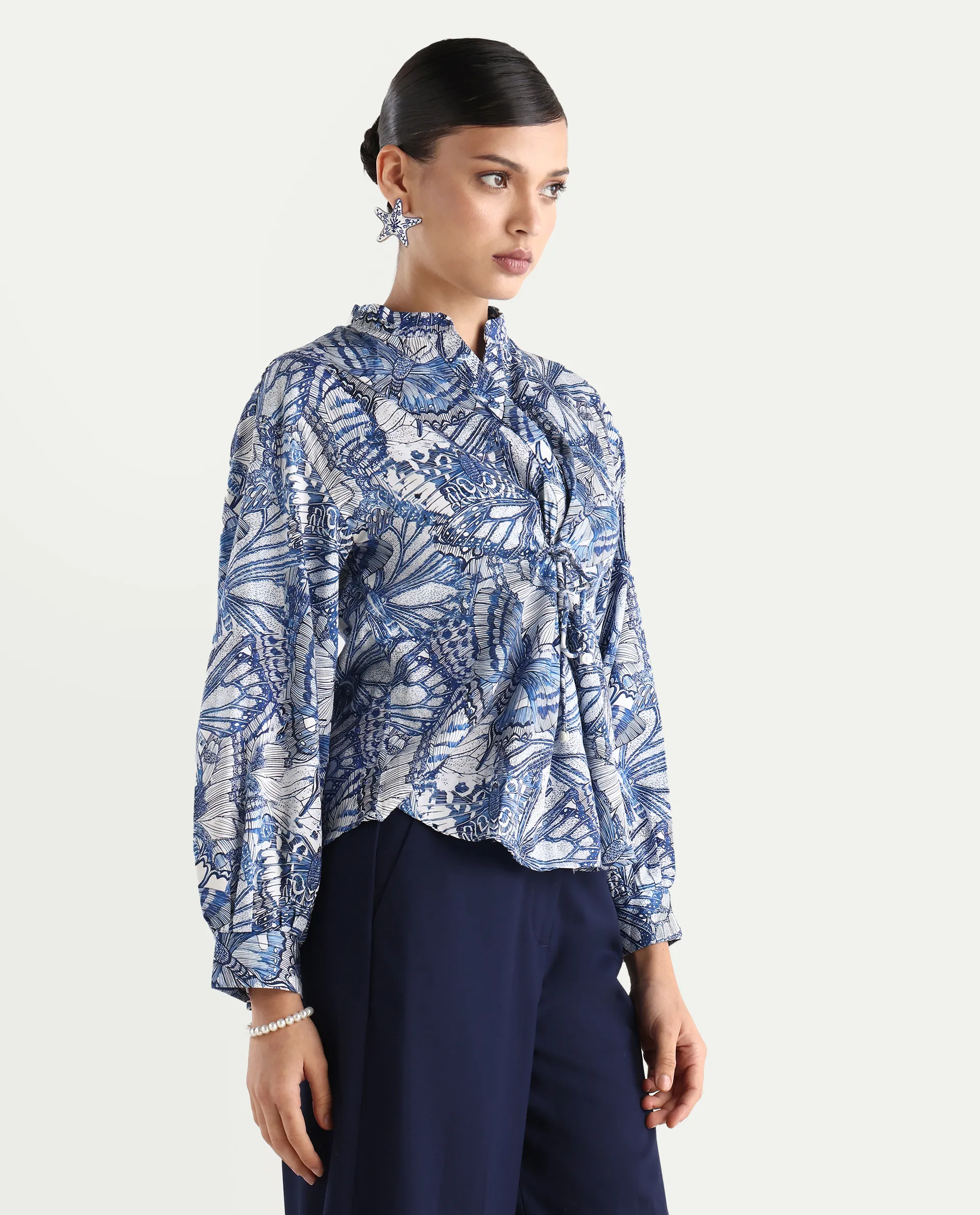 Rareism Women's Bhasny Blue Cotton Blend Mandarin Collar Abstract Print Puff Sleeves Regular Fit Top - Image 7