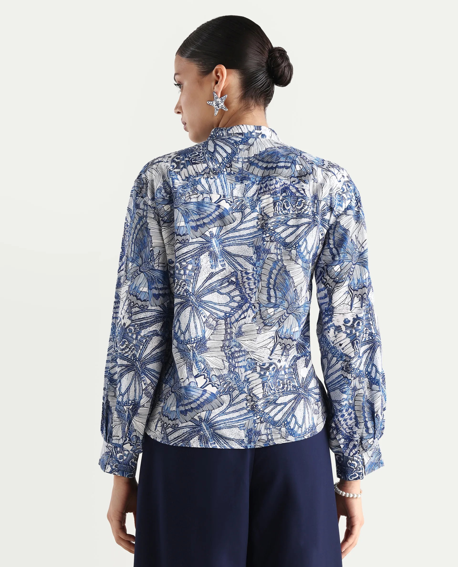 Rareism Women's Bhasny Blue Cotton Blend Mandarin Collar Abstract Print Puff Sleeves Regular Fit Top - Image 8