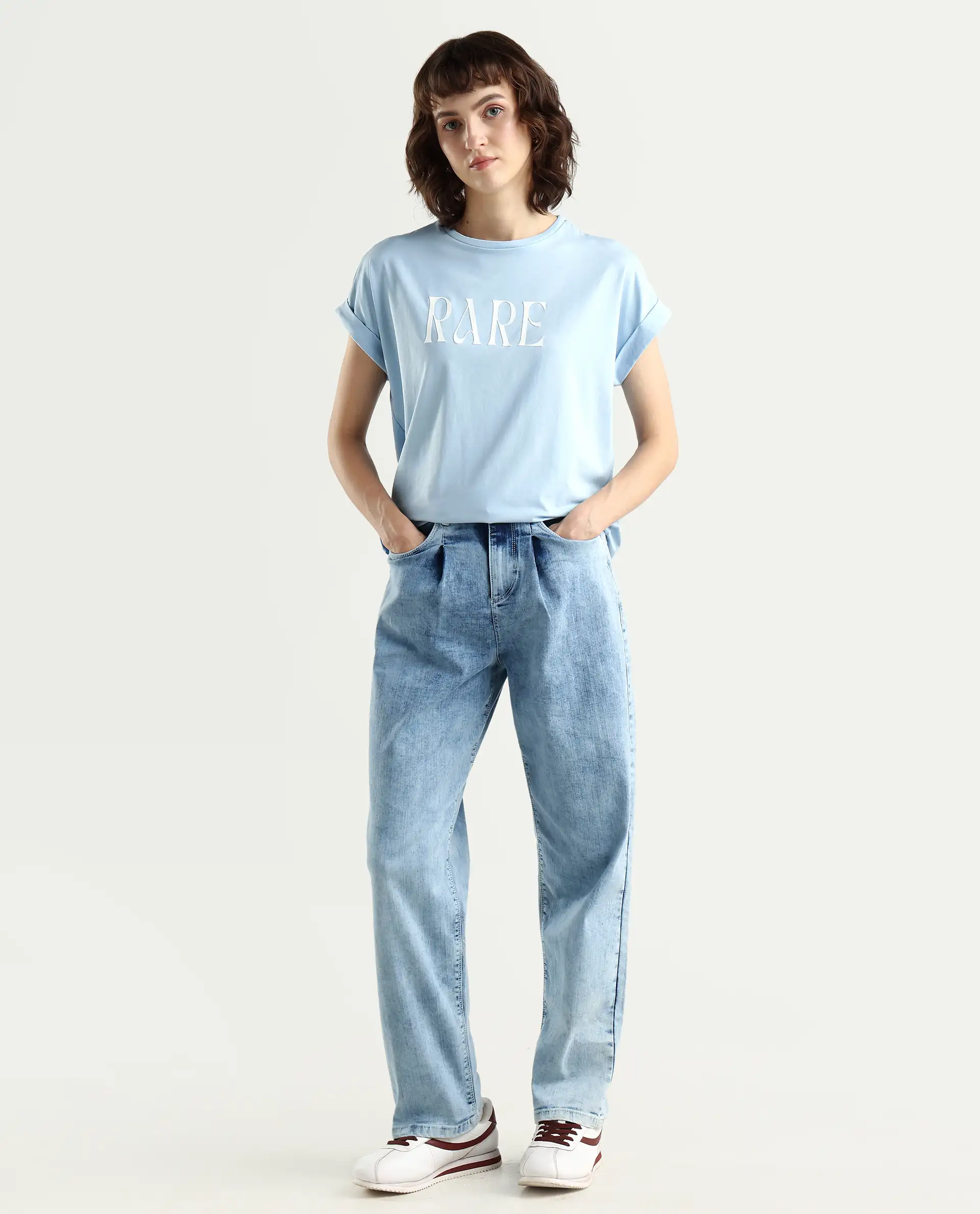 Rareism Women's Bhavi Light Blue Cotton Blend Crew Neck Typography Print Extended Sleeves Regular Fit T-Shirt - Image 2