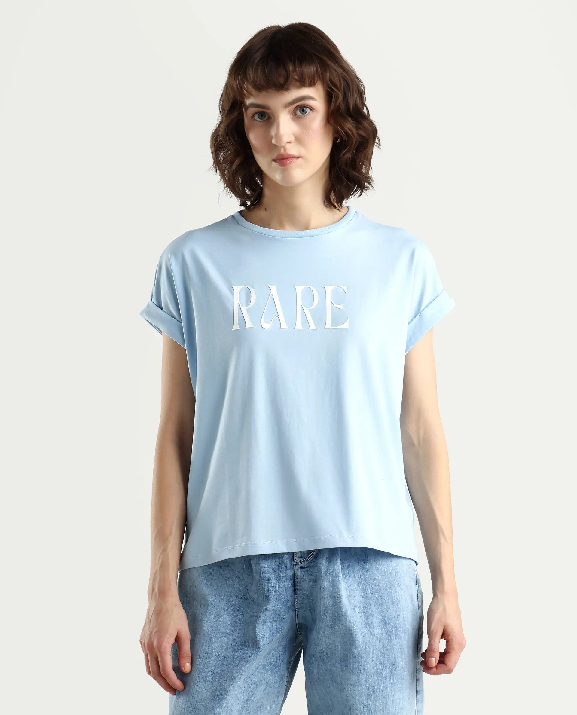 Rareism Women's Bhavi Light Blue Cotton Blend Crew Neck Typography Print Extended Sleeves Regular Fit T-Shirt - Image 3
