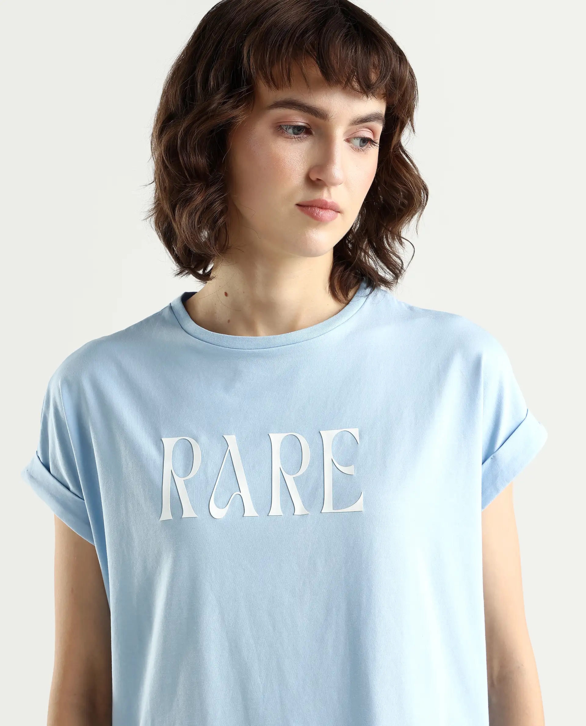 Rareism Women's Bhavi Light Blue Cotton Blend Crew Neck Typography Print Extended Sleeves Regular Fit T-Shirt - Image 4