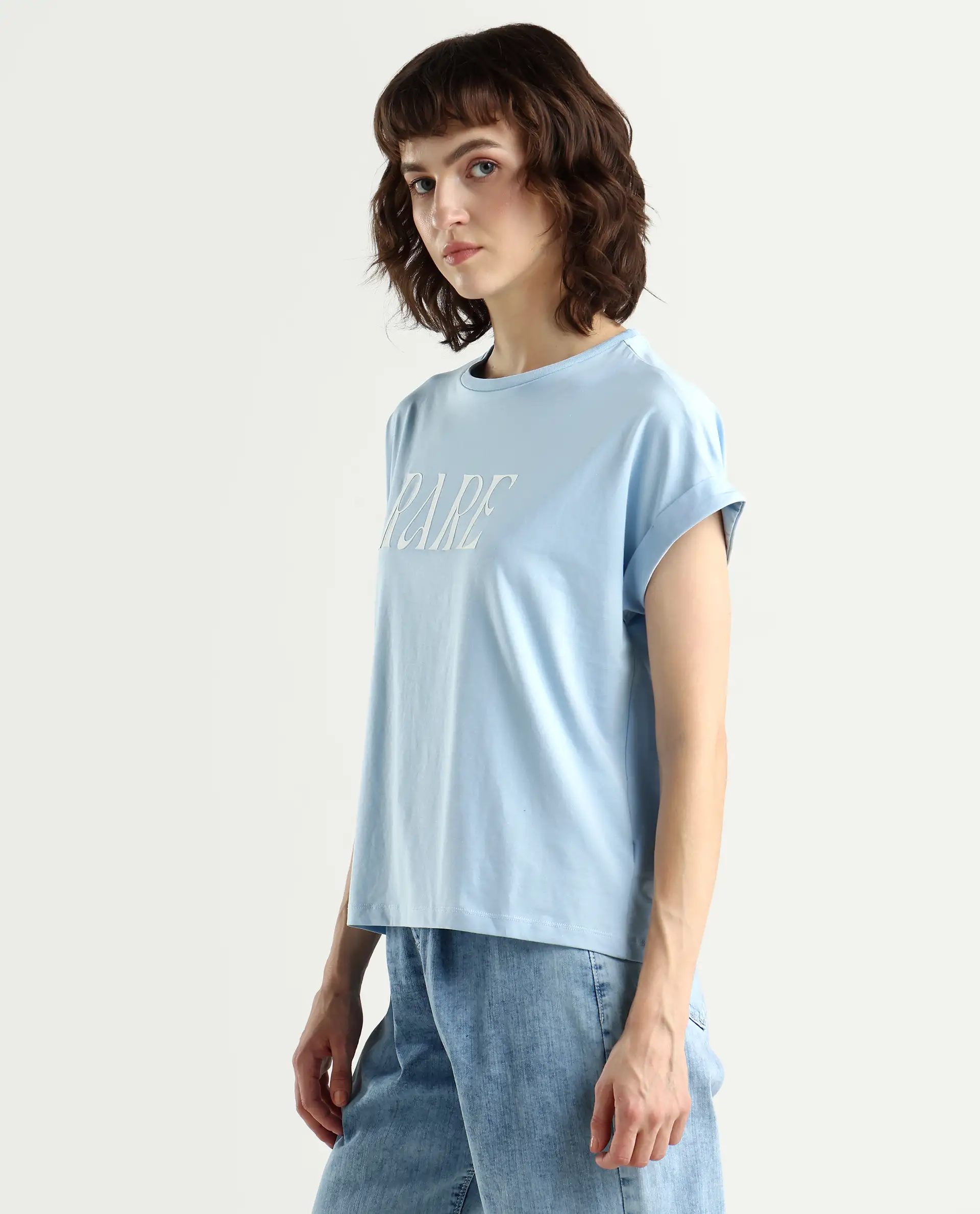 Rareism Women's Bhavi Light Blue Cotton Blend Crew Neck Typography Print Extended Sleeves Regular Fit T-Shirt - Image 5