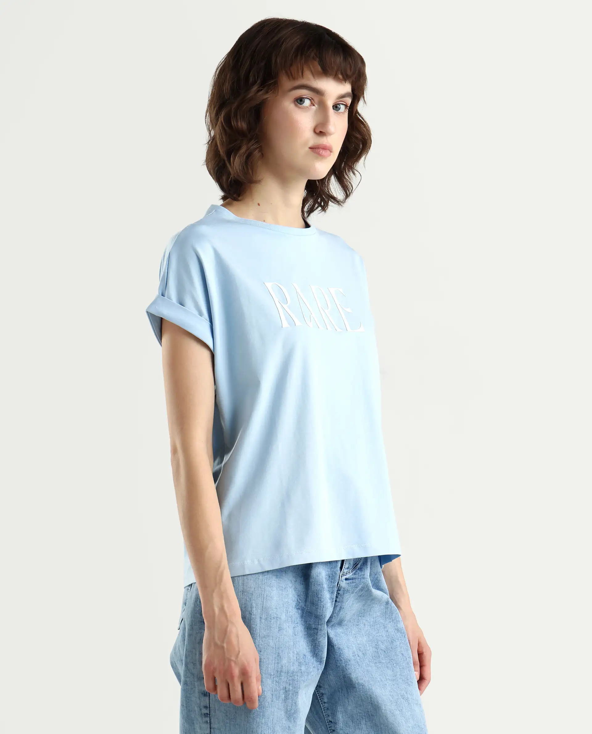 Rareism Women's Bhavi Light Blue Cotton Blend Crew Neck Typography Print Extended Sleeves Regular Fit T-Shirt - Image 6