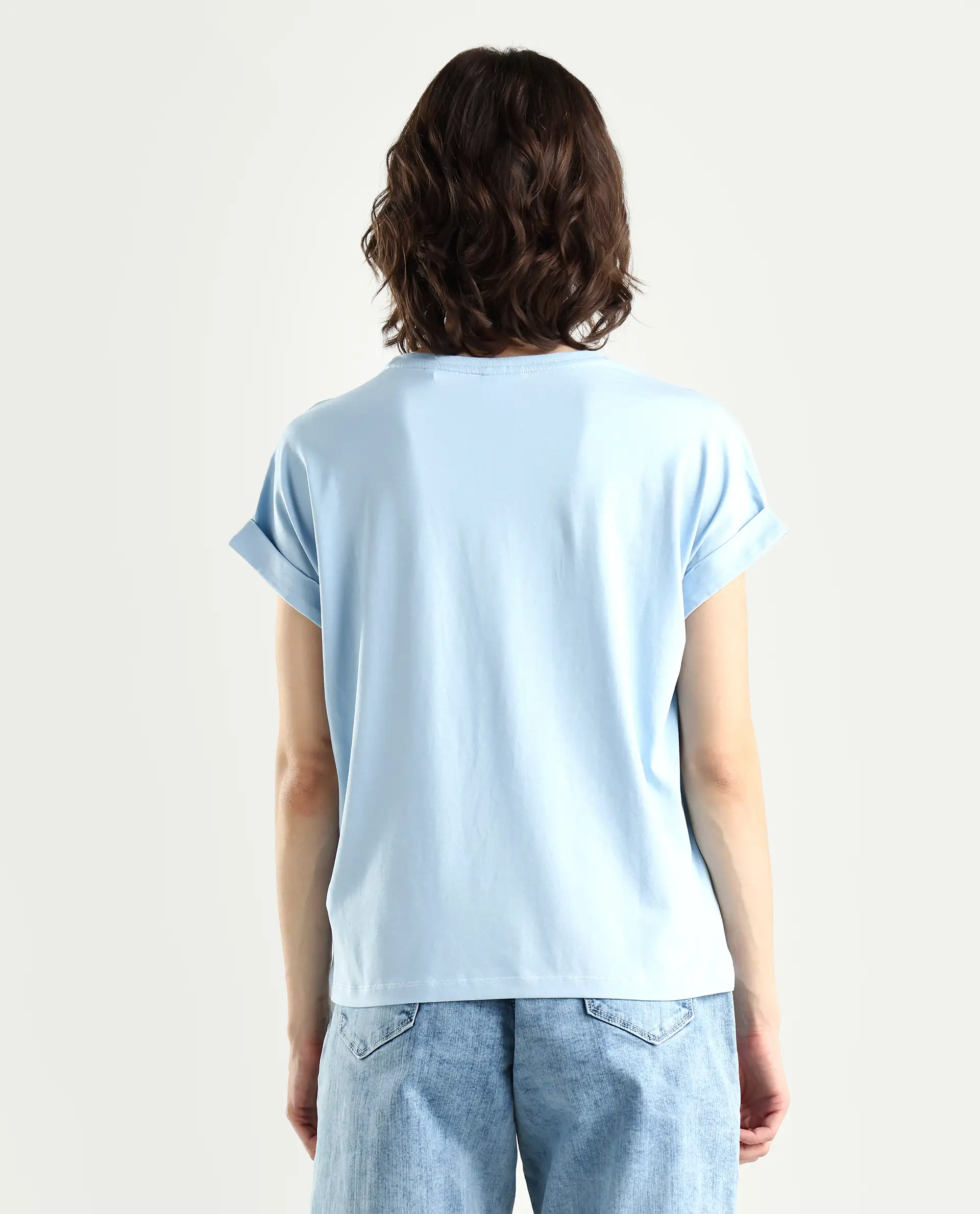 Rareism Women's Bhavi Light Blue Cotton Blend Crew Neck Typography Print Extended Sleeves Regular Fit T-Shirt - Image 7