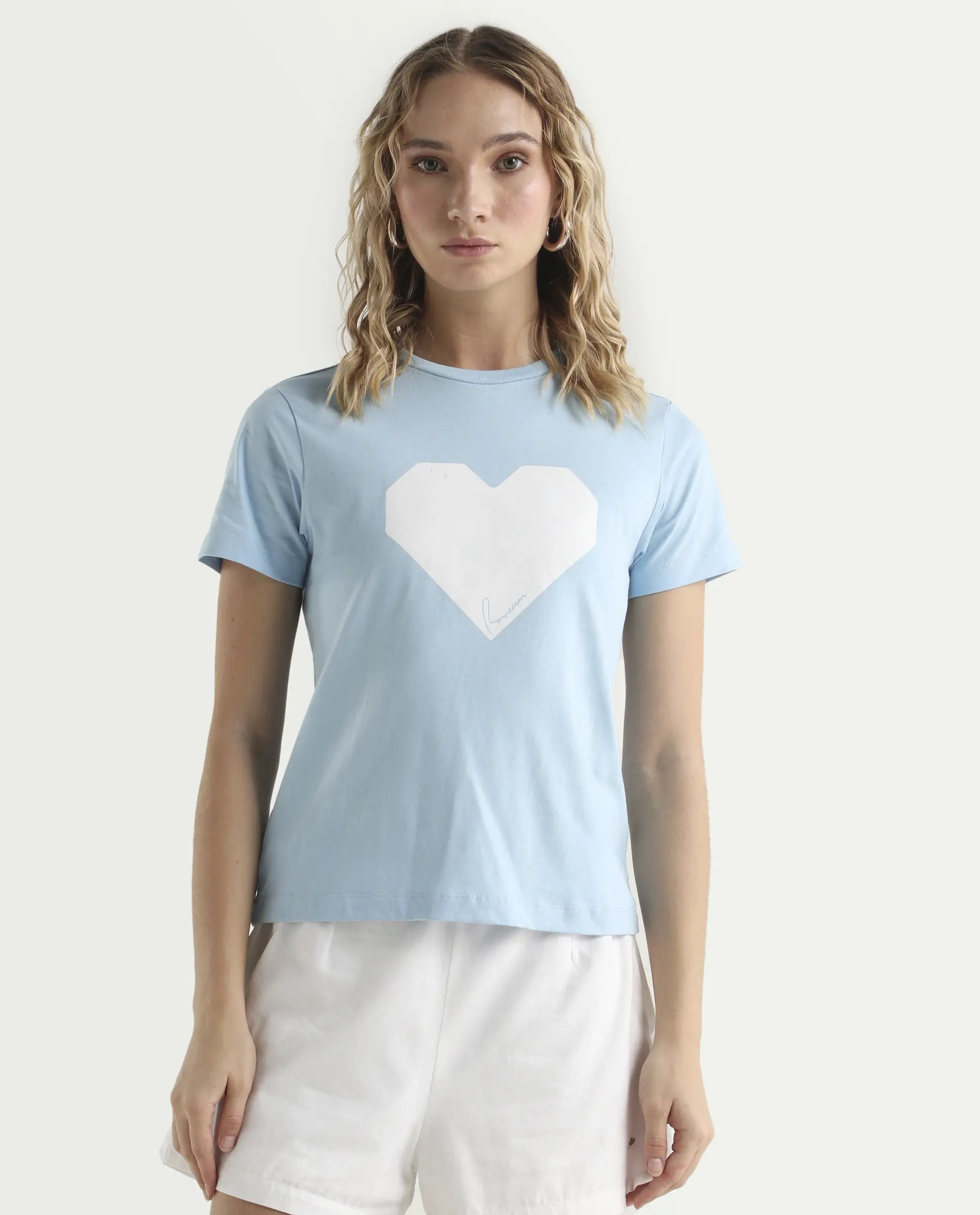 Rareism Women's Bhax Light Blue Cotton Crew Neck Typography Print Regular Fit T-Shirt - Image 3