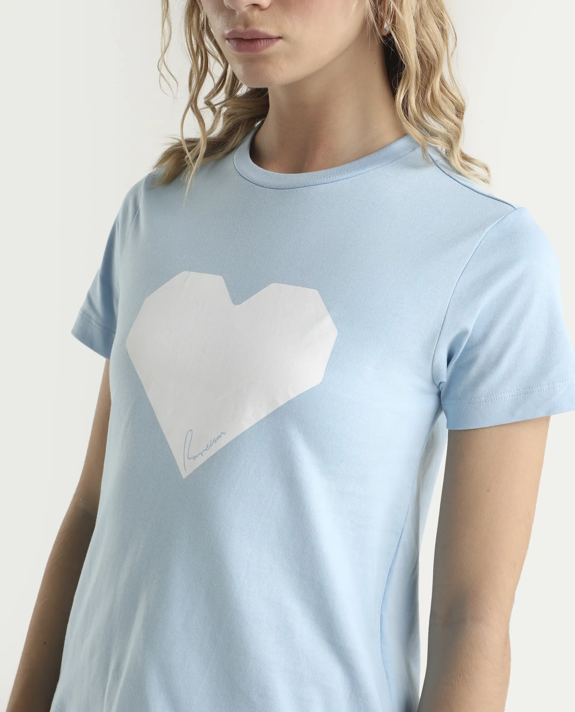 Rareism Women's Bhax Light Blue Cotton Crew Neck Typography Print Regular Fit T-Shirt - Image 4