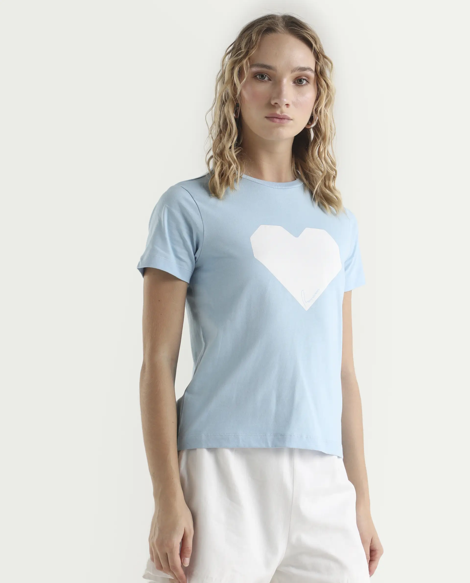 Rareism Women's Bhax Light Blue Cotton Crew Neck Typography Print Regular Fit T-Shirt - Image 5