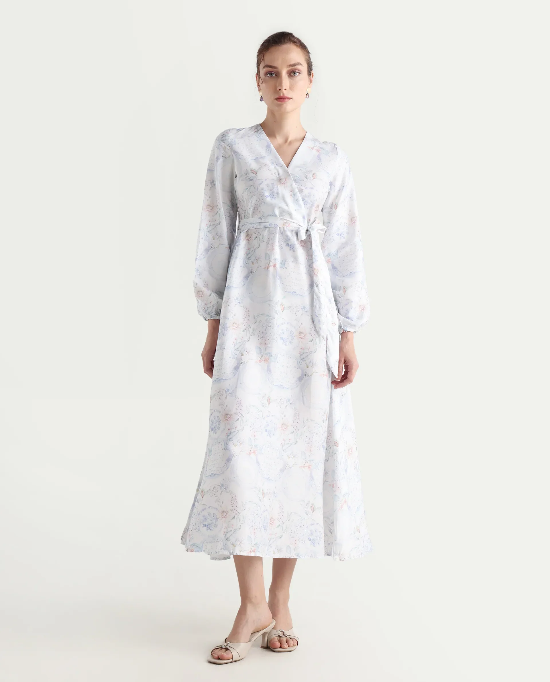 Rareism Women's Bhaxjo Light Multi Cotton V-Neck Abstract Print Midi A-Line Dress - Image 2