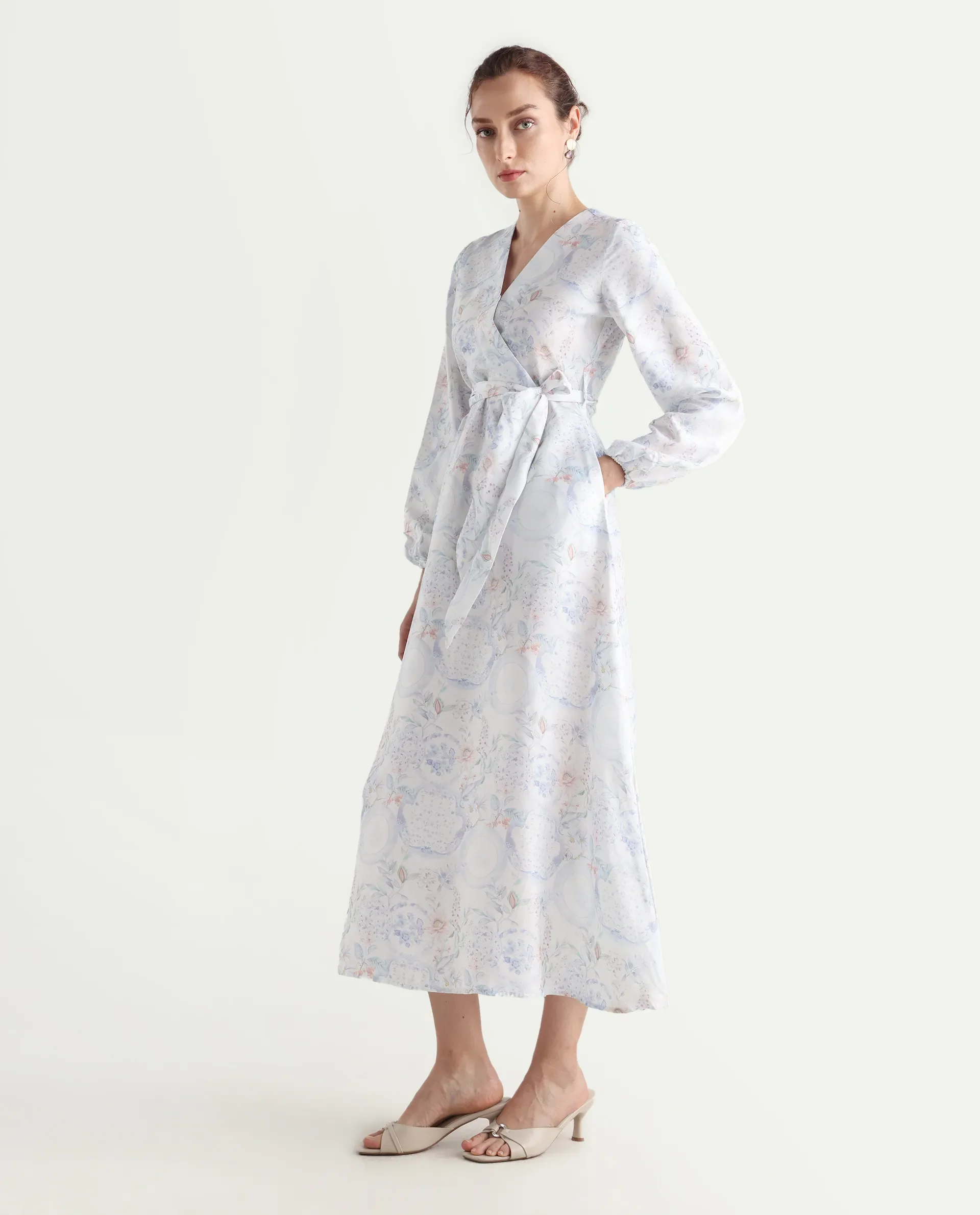 Rareism Women's Bhaxjo Light Multi Cotton V-Neck Abstract Print Midi A-Line Dress - Image 5