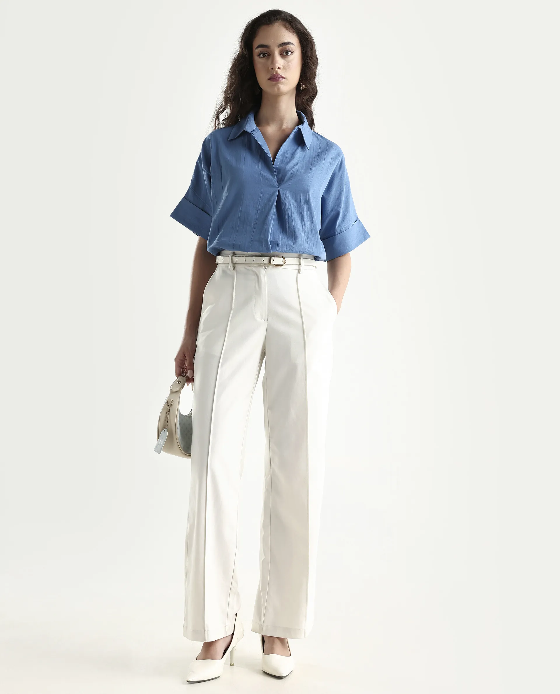 Rareism Women's Bhayas Blue Cotton Johnny Collar Plain Extended Sleeves Boxy Fit Top - Image 2