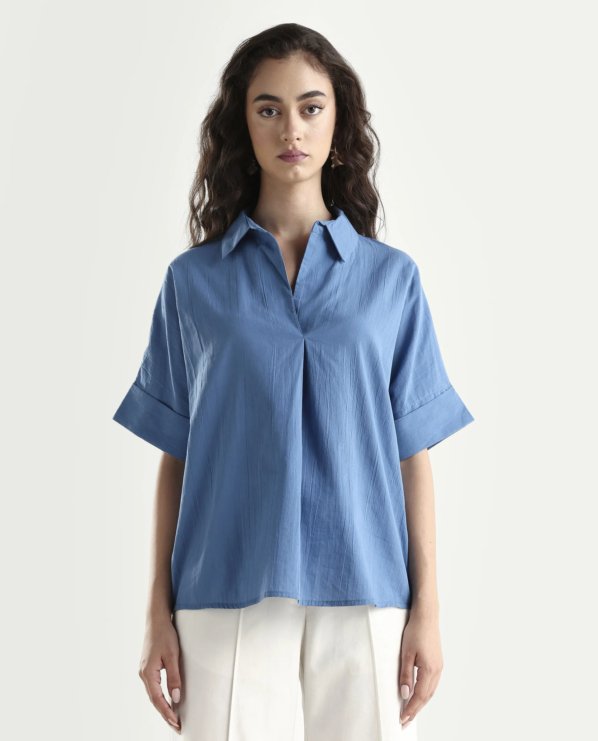 Rareism Women's Bhayas Blue Cotton Johnny Collar Plain Extended Sleeves Boxy Fit Top - Image 3
