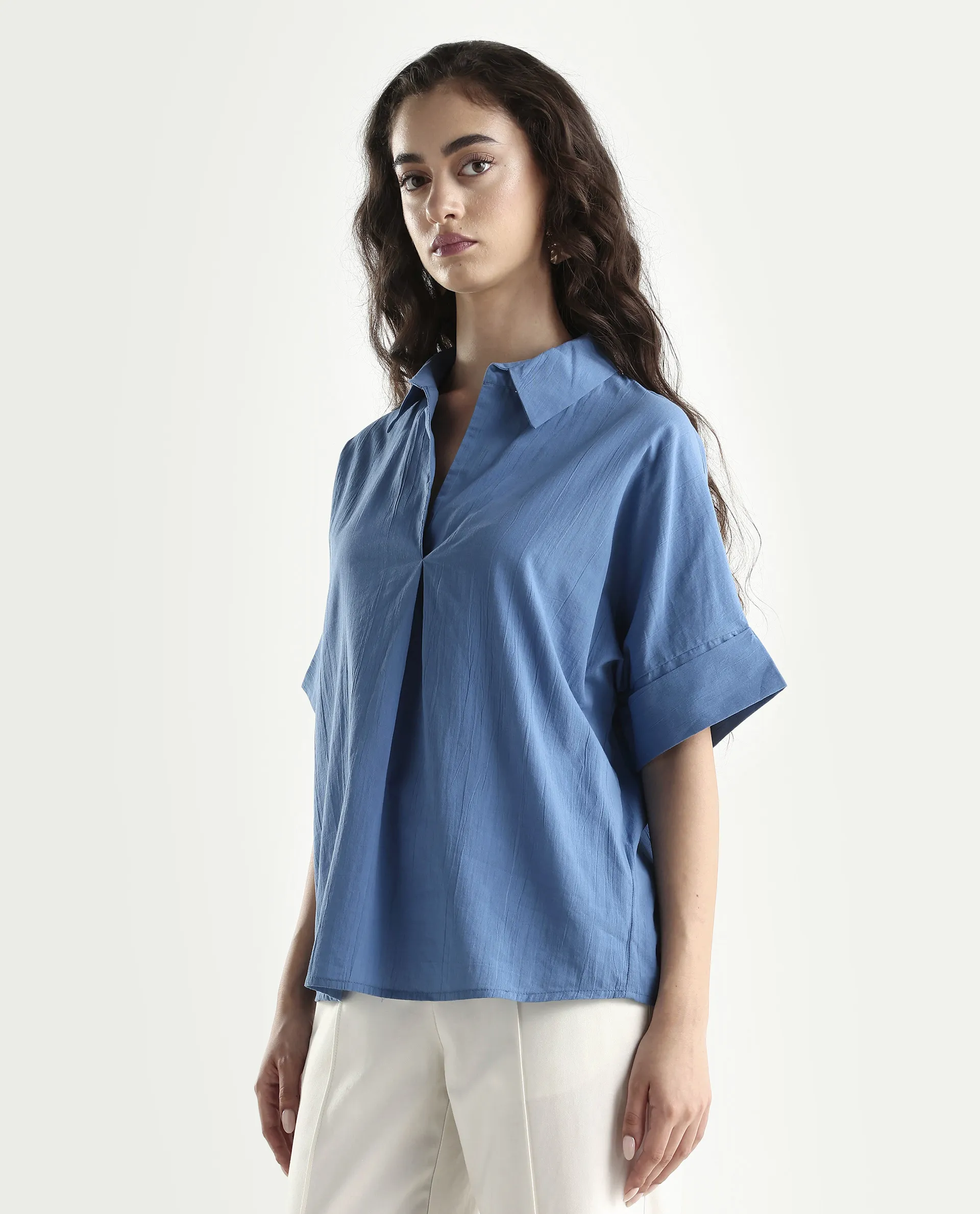 Rareism Women's Bhayas Blue Cotton Johnny Collar Plain Extended Sleeves Boxy Fit Top - Image 5
