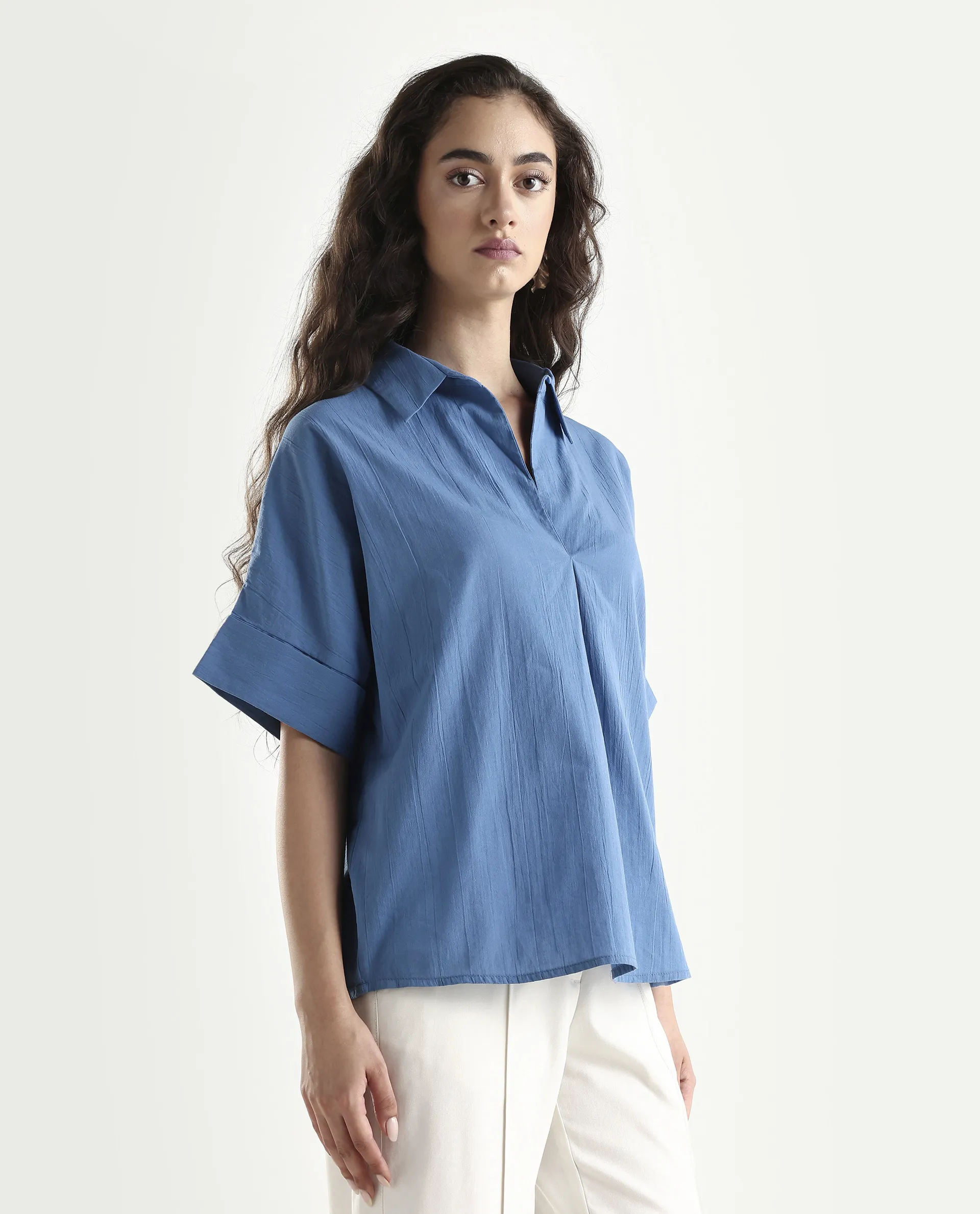 Rareism Women's Bhayas Blue Cotton Johnny Collar Plain Extended Sleeves Boxy Fit Top - Image 6