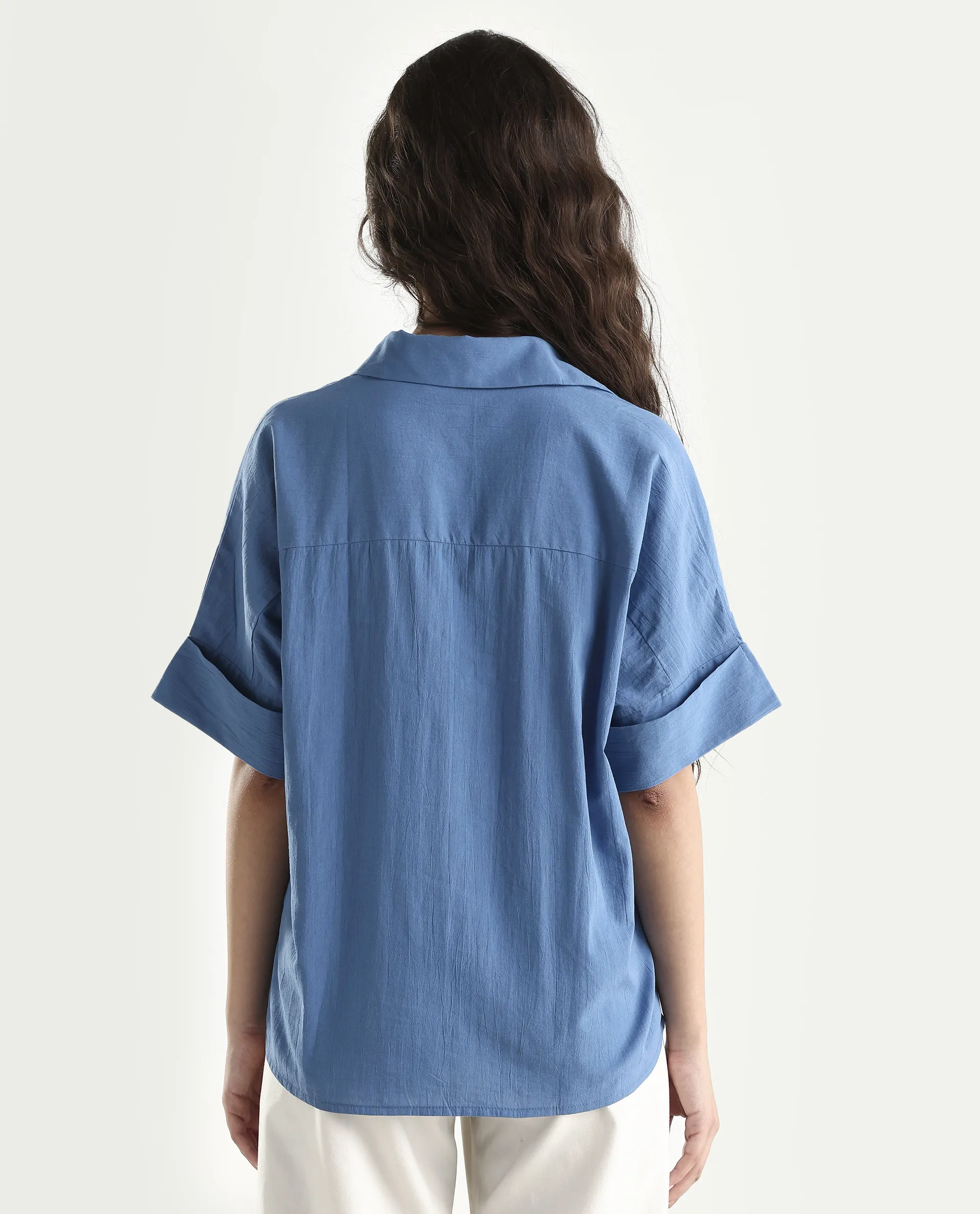 Rareism Women's Bhayas Blue Cotton Johnny Collar Plain Extended Sleeves Boxy Fit Top - Image 7