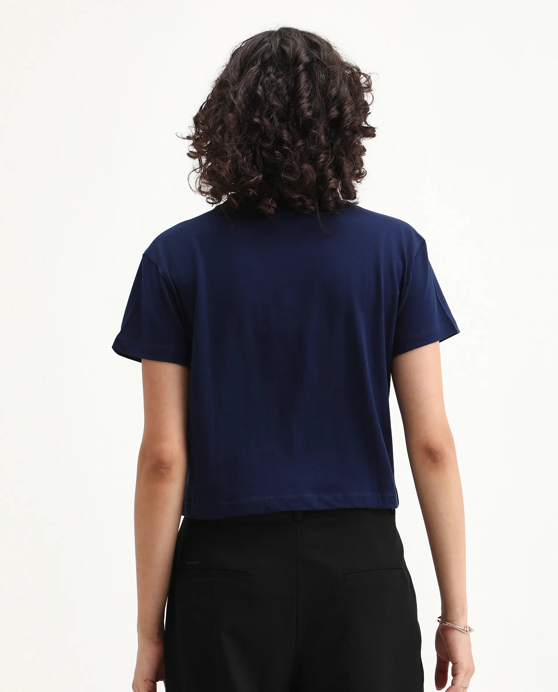 Rareism Women's Bhaze Navy Cotton Crew Neck Typography Print Crop Regular Fit T-Shirt - Image 2