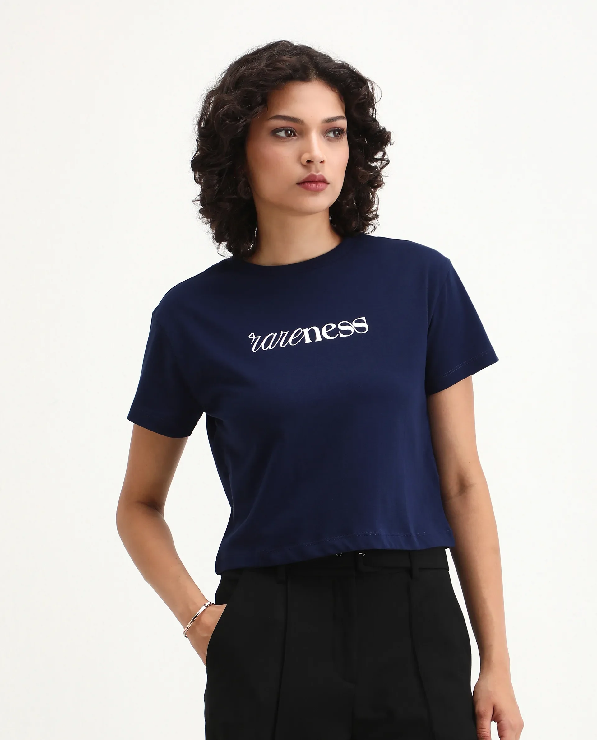 Rareism Women's Bhaze Navy Cotton Crew Neck Typography Print Crop Regular Fit T-Shirt - Image 3
