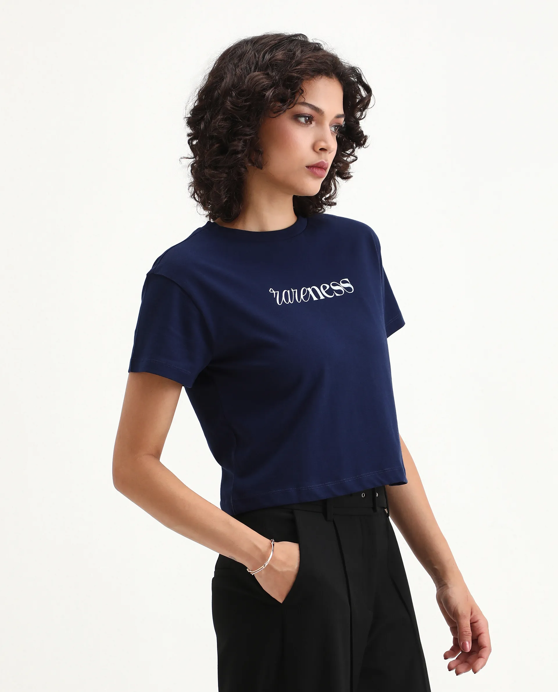Rareism Women's Bhaze Navy Cotton Crew Neck Typography Print Crop Regular Fit T-Shirt - Image 4