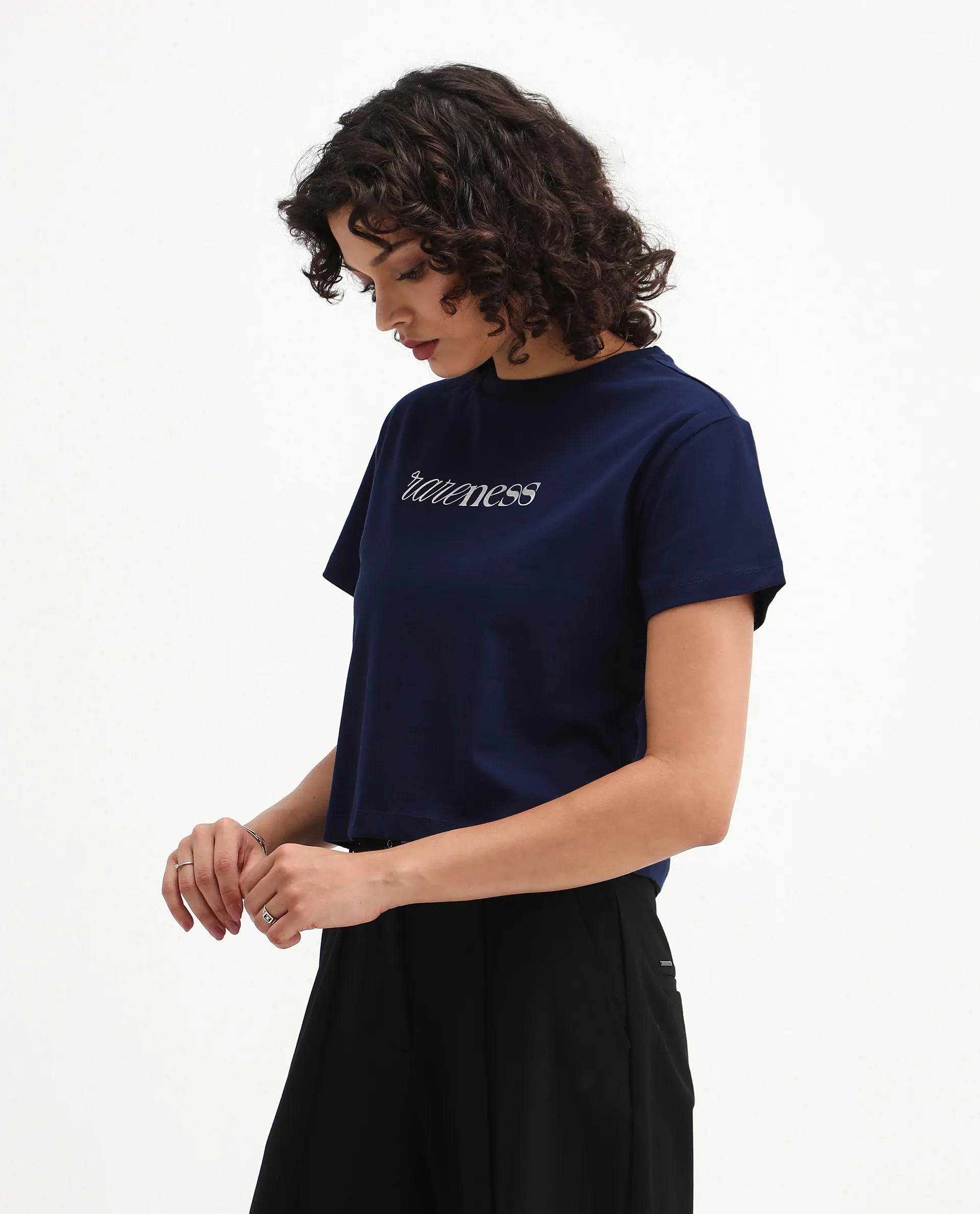 Rareism Women's Bhaze Navy Cotton Crew Neck Typography Print Crop Regular Fit T-Shirt - Image 5