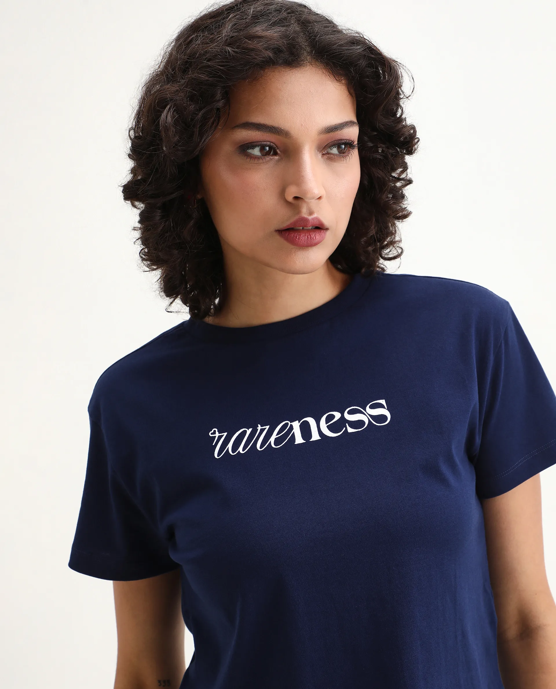 Rareism Women's Bhaze Navy Cotton Crew Neck Typography Print Crop Regular Fit T-Shirt - Image 6