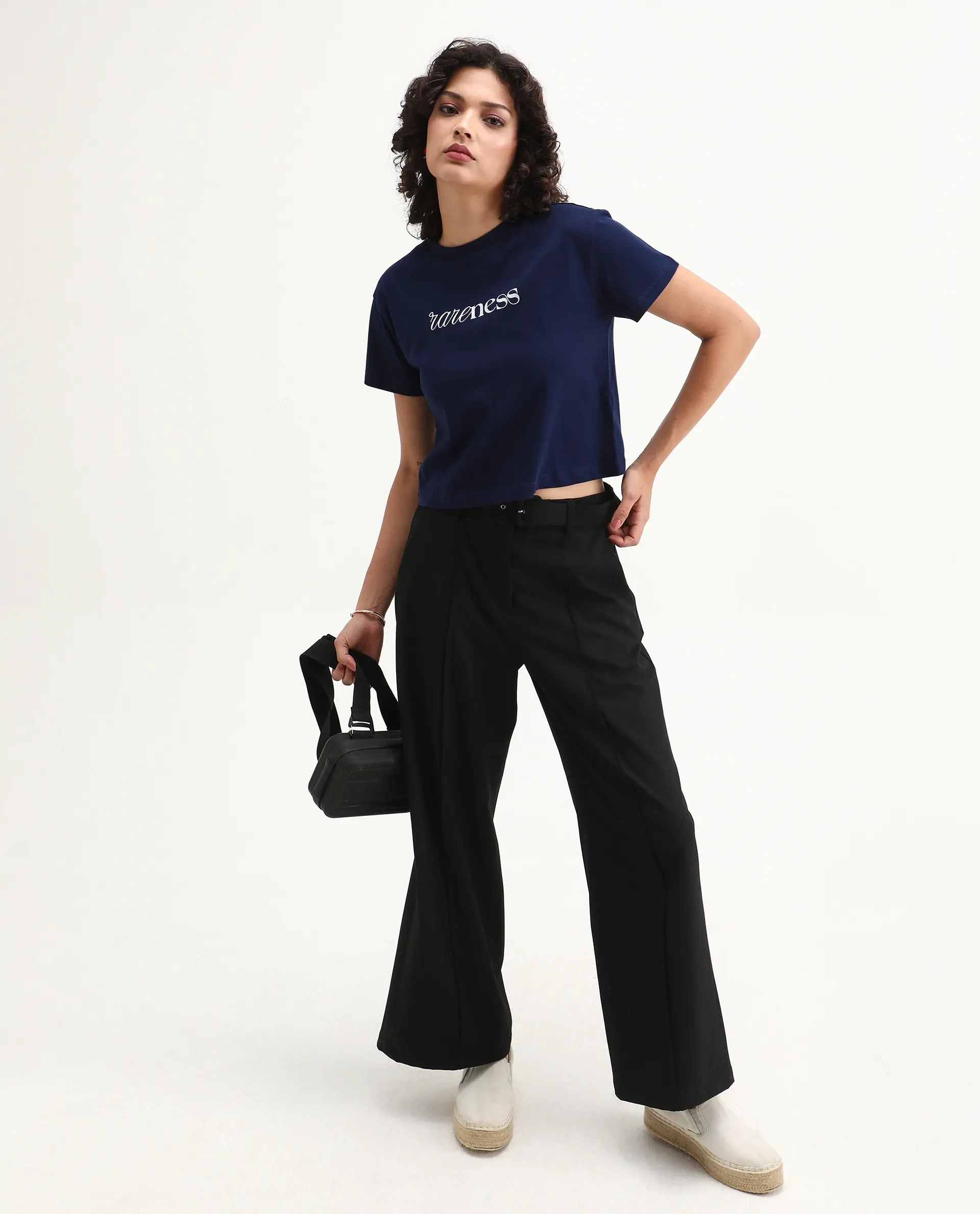 Rareism Women's Bhaze Navy Cotton Crew Neck Typography Print Crop Regular Fit T-Shirt - Image 7
