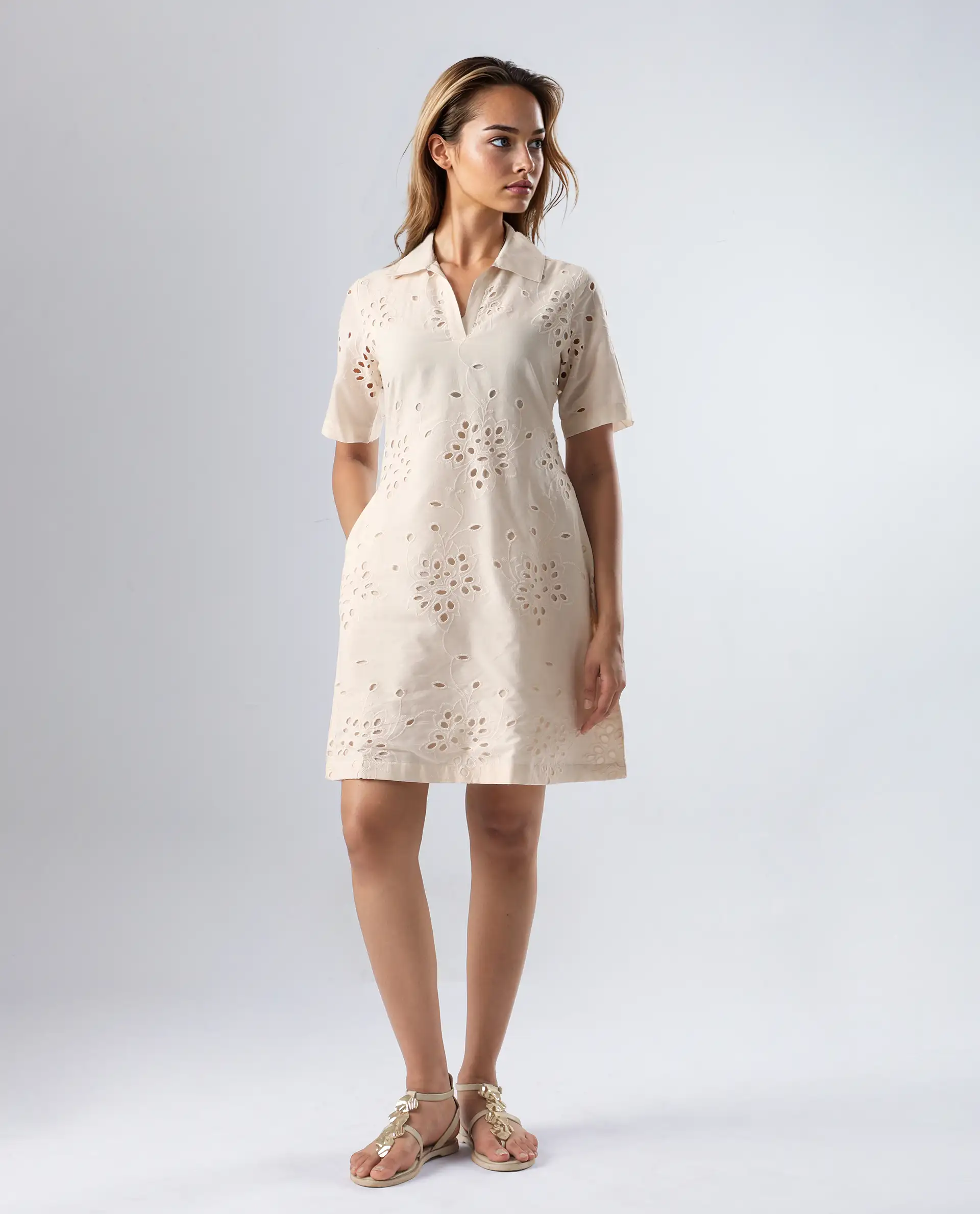 Rareism Women's Bhazi Off White Cotton Ribbed Collar Plain Knee Length Straight Fit Dress - Image 3