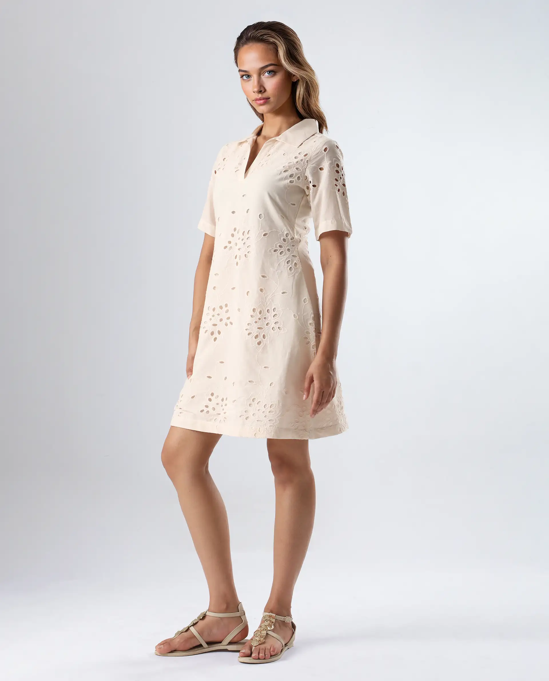 Rareism Women's Bhazi Off White Cotton Ribbed Collar Plain Knee Length Straight Fit Dress - Image 6