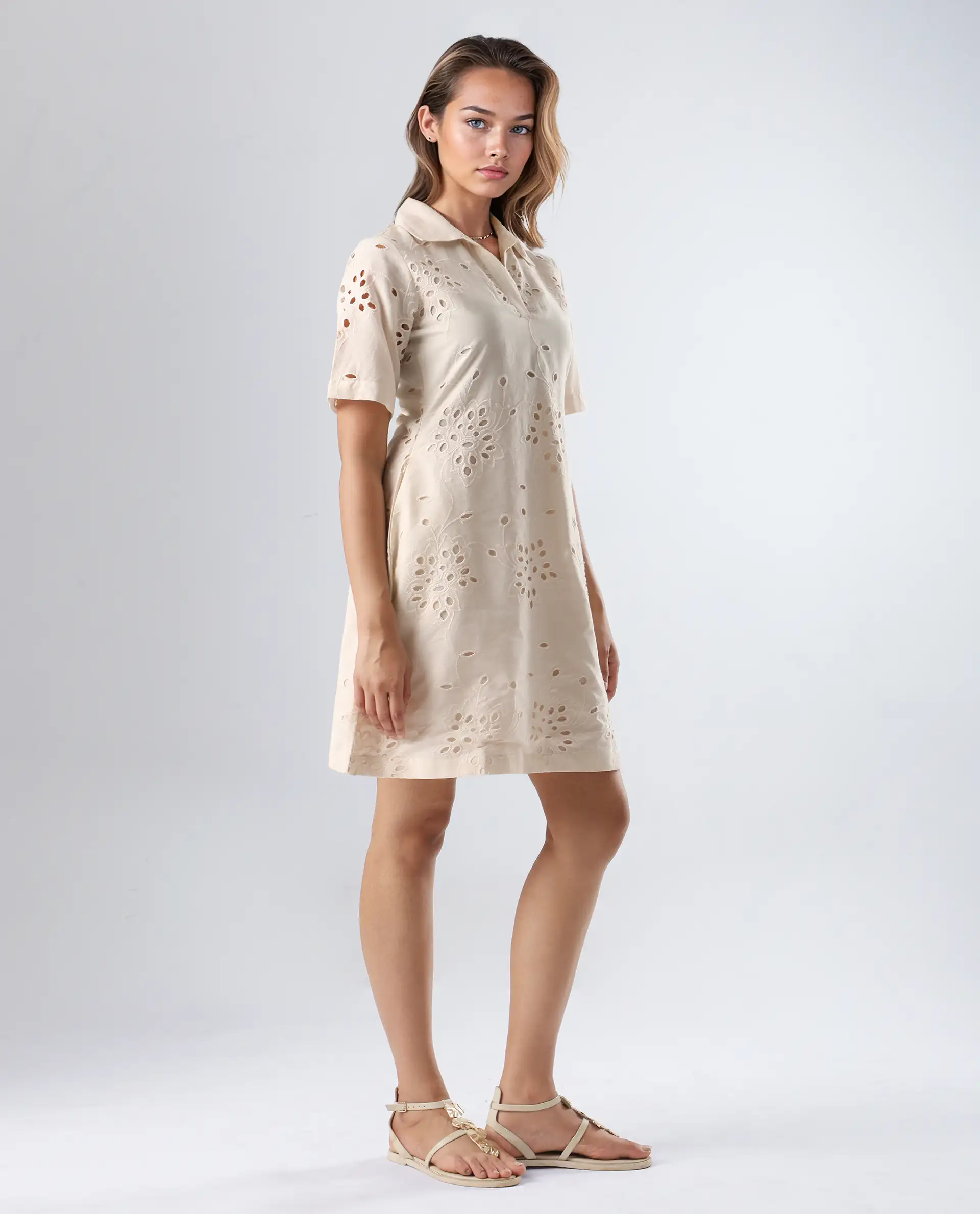 Rareism Women's Bhazi Off White Cotton Ribbed Collar Plain Knee Length Straight Fit Dress - Image 7
