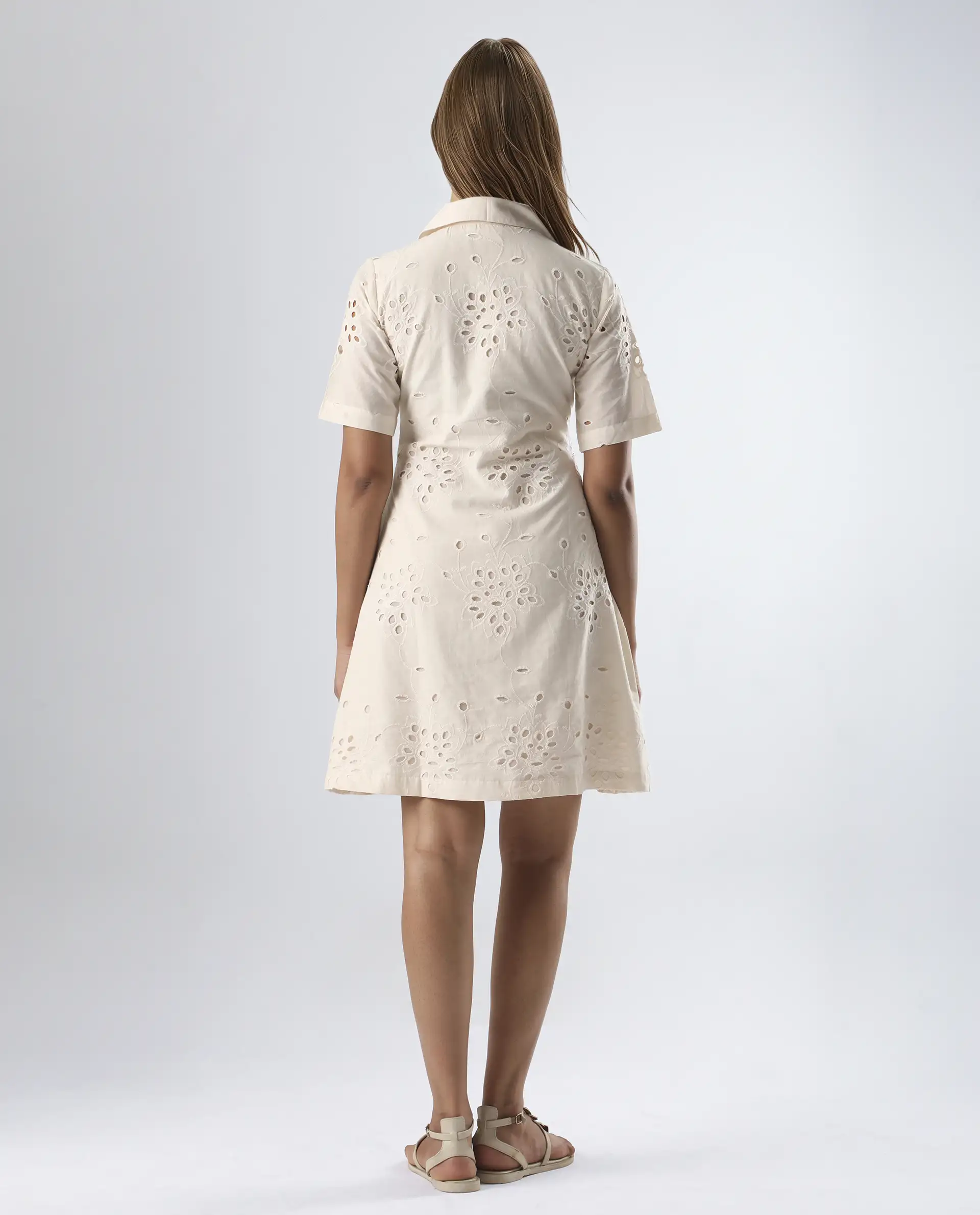 Rareism Women's Bhazi Off White Cotton Ribbed Collar Plain Knee Length Straight Fit Dress - Image 8